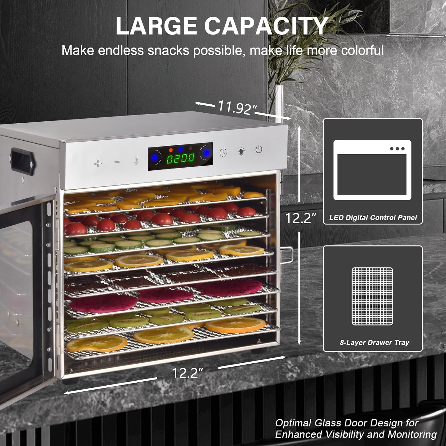 Stainless Steel 8-Tray Digital Food Dehydrator with Timer and Thermostat