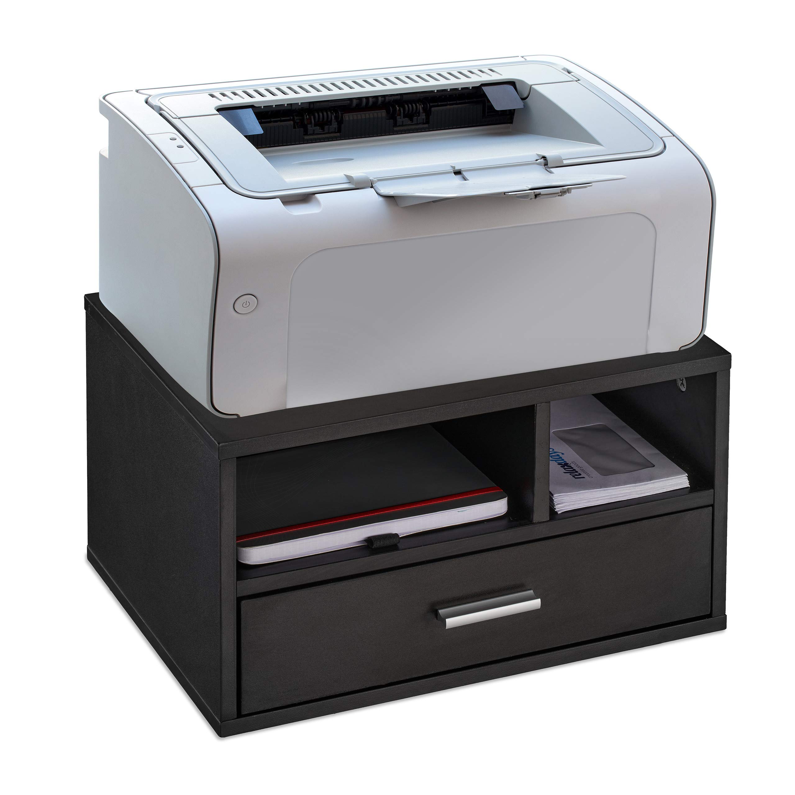 Relaxdays Printer Stand, Desk Tidy, 3 Compartments, Organiser, Tabletop Shelf for Office, HWD: 22 x 40 x 30 cm, Black