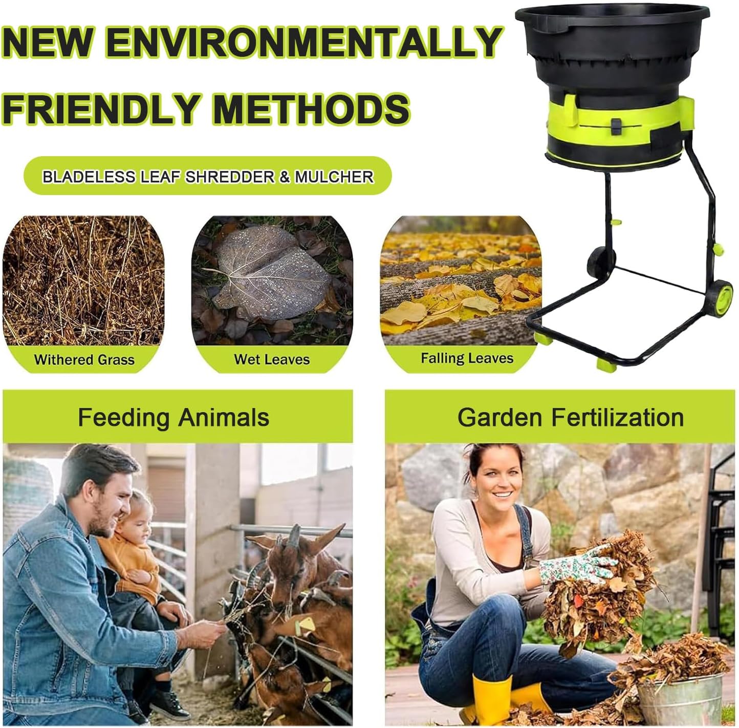 Electric Leaf Mulcher & Shredder, Portable Garden Grinder & Chipper for Wet/Dry Leaves, Grass & Pine Needles, Up to 17:1 Mulch Ratio, Adjustable Coarseness 40m-Powercord