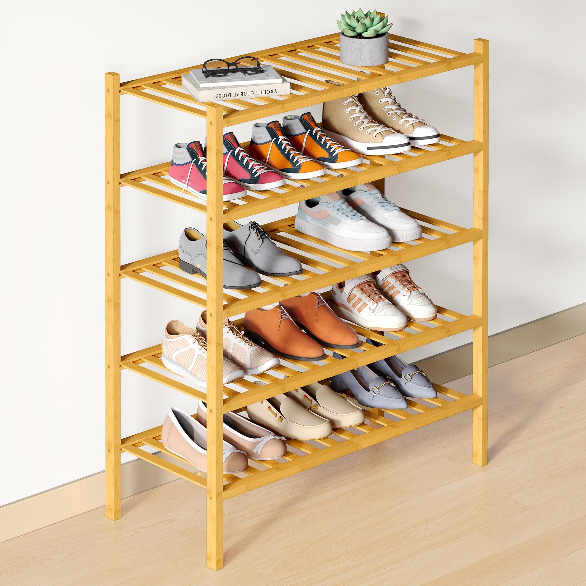 smiry Natural Bamboo Shoe Rack, 5 Tier Wooden Stackable Shoe Storage Organiser, Free Standing Shoes Storage Shelf for Entryway, Hallway, Small Spaces, Living Room, Natural