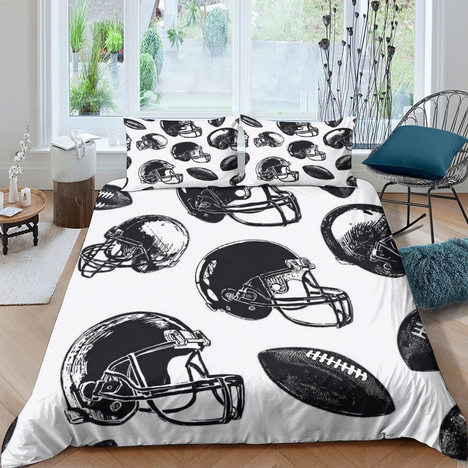 Ctjqhvkz Style-2 3D Printed Football Helmet Fitted Sheet Microfiber Black White Sports Bed Cover For Bedroom Dorm Decor Mattress Protection Single（135X200cm）