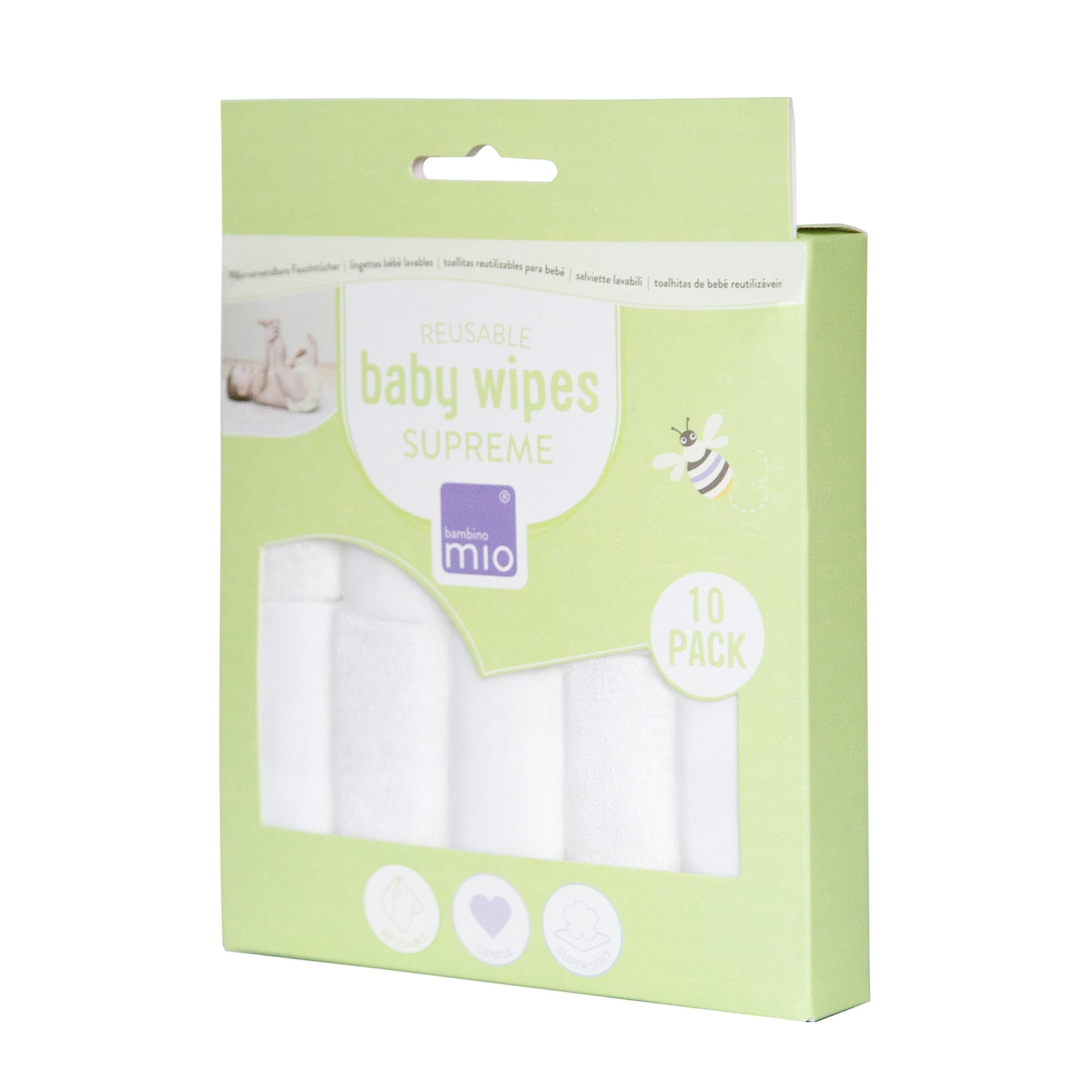 Bambino Mio, Lingettes bébé lavables Extra+, Saines, Zéro déchet, Deux utilisations, Lot de 10, Neige - L'emballage peut varier