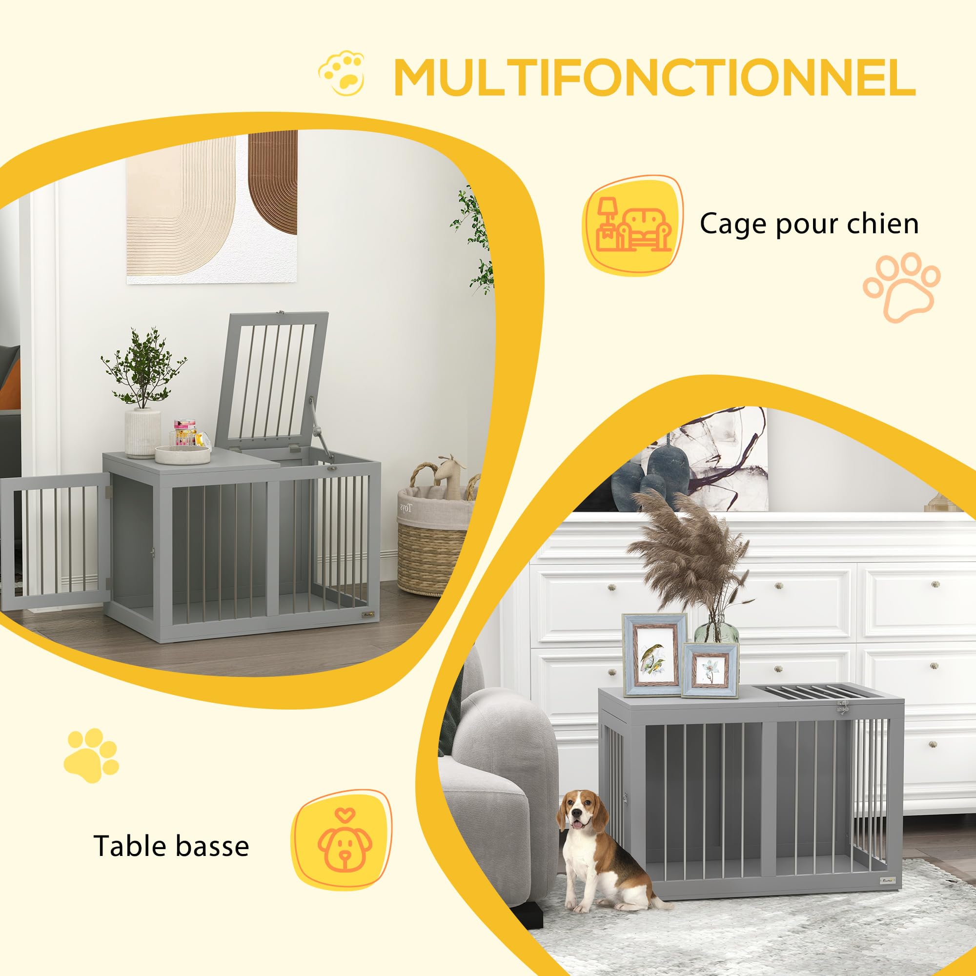 PawHut Cage pour Chien intérieur avec 2 Portes verrouillables, Bonne Ventilation, Niche pour Chiens, Table d’appoint, 80 x 50 x 56,5 cm, Gris