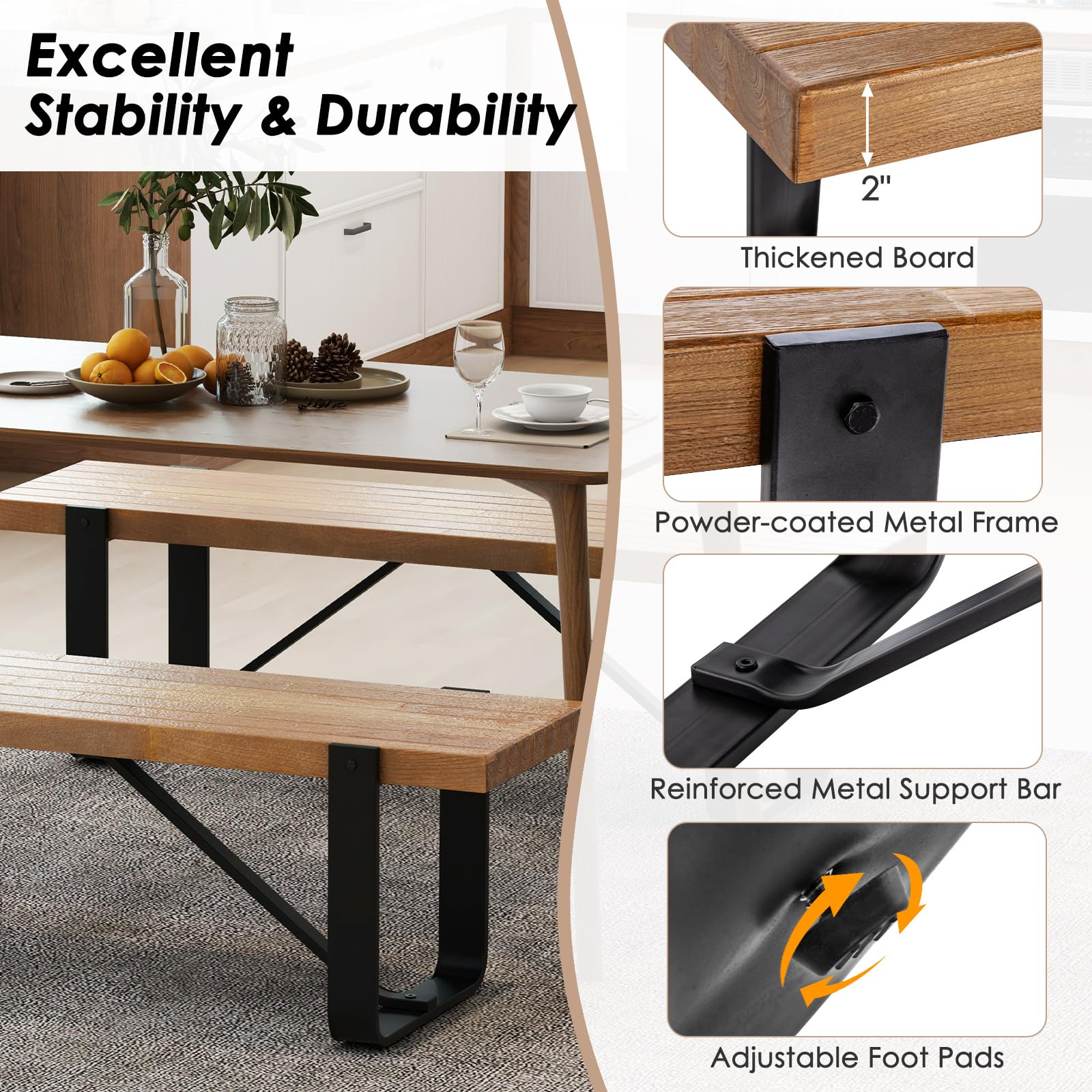 GIANTEX 60" Dining Bench for 30-Person, Long Entryway Bench Seat with Metal Frame, 660 Lbs Capacity, Farmhouse End of Bed Bench for Living Room, Bedroom, Dining Room, Brown
