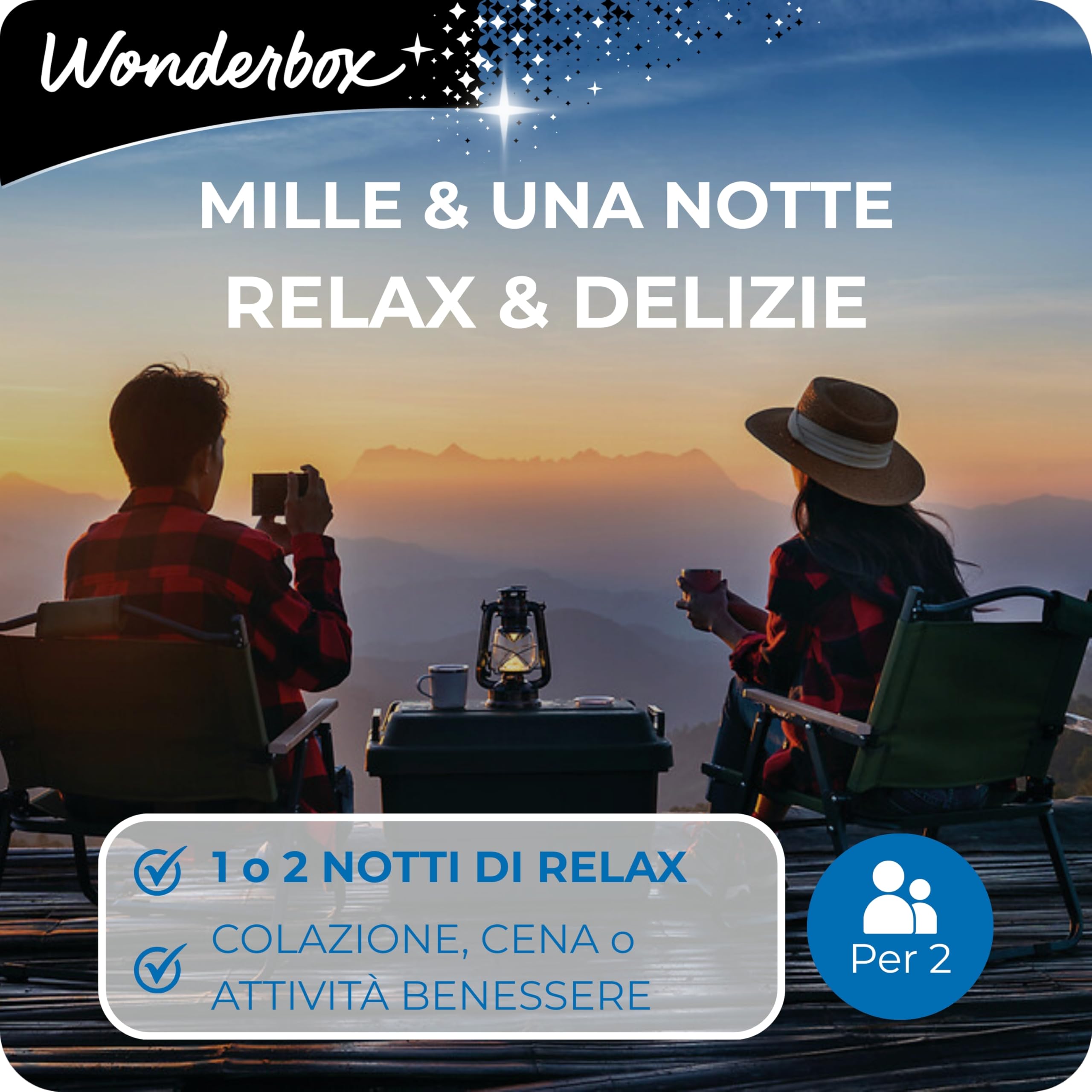 WONDERBOX - Cofanetto Regalo - Mille & Una Notte Relax e Delizie - per 2 | 1 notte + colazione + 1 cena esclusiva o attività benessere - Più di 4000 soggiorni - Hotel 5* e 4*, ville, dimore di charme