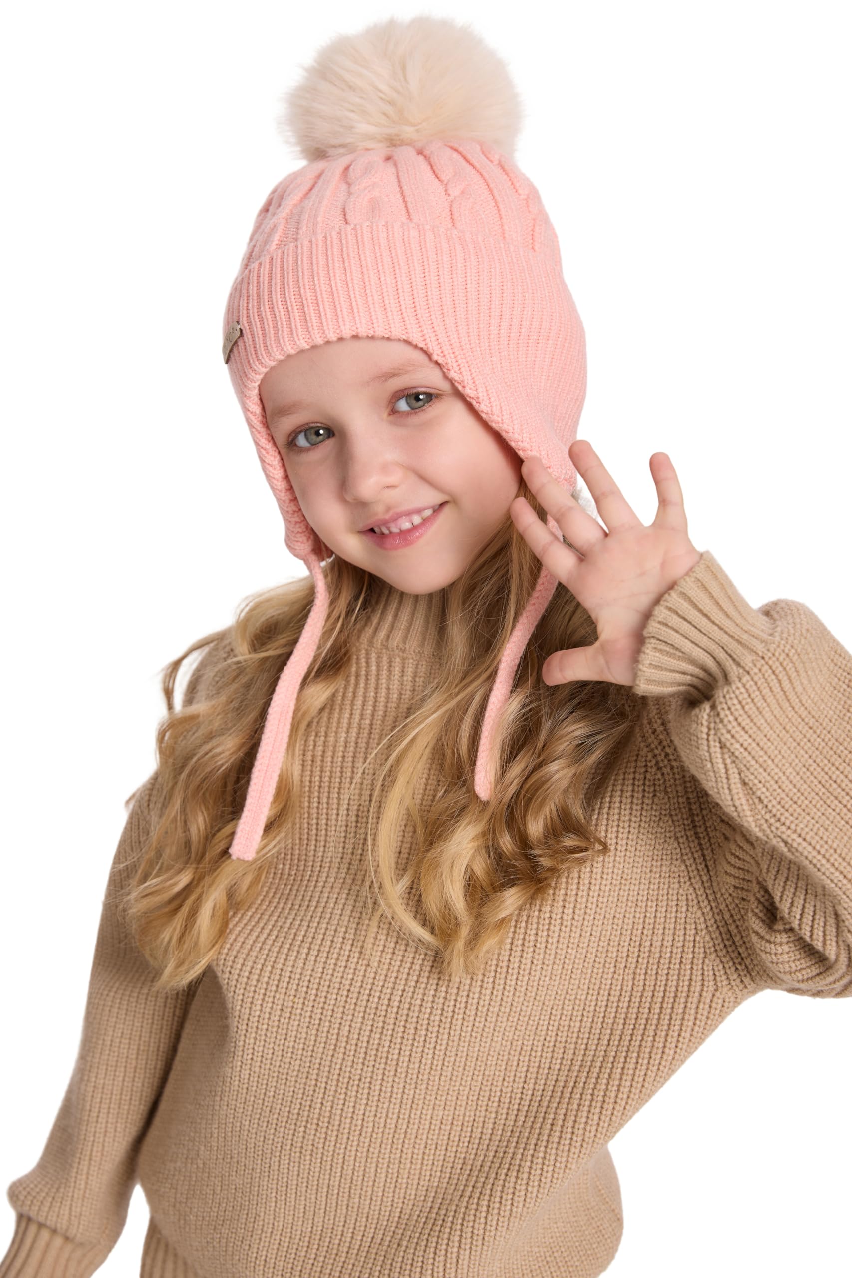 ZLYC Kinder Mädchen Strickmützen Wintermützen Baumwolle Pom Pom Beanie