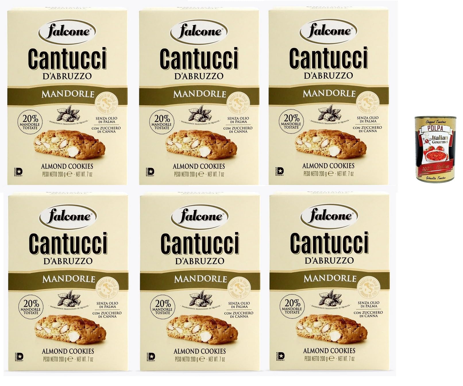 Falcone Cantucci alla Mandorla, Mandelgebäck aus Italien, Keks mit Mandeln, insgesamt Gebäckstücke, 6x 200g + Italian Gourmet polpa 400g