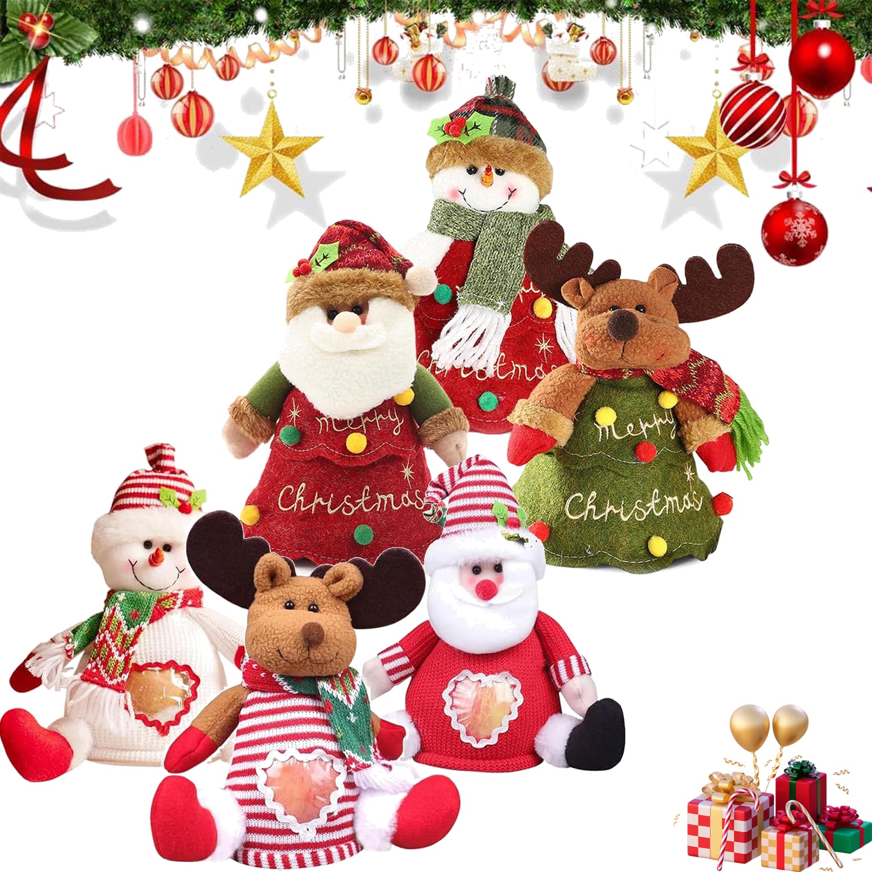 Christmas Gift Bags Zipper Design, Pack of 3/6 Gift Bags Christmas Small, 3D Santa Claus Elk Cuddly Toy, Small Storage Bags für Party- und Festivaldekoration (6 Stück-A)