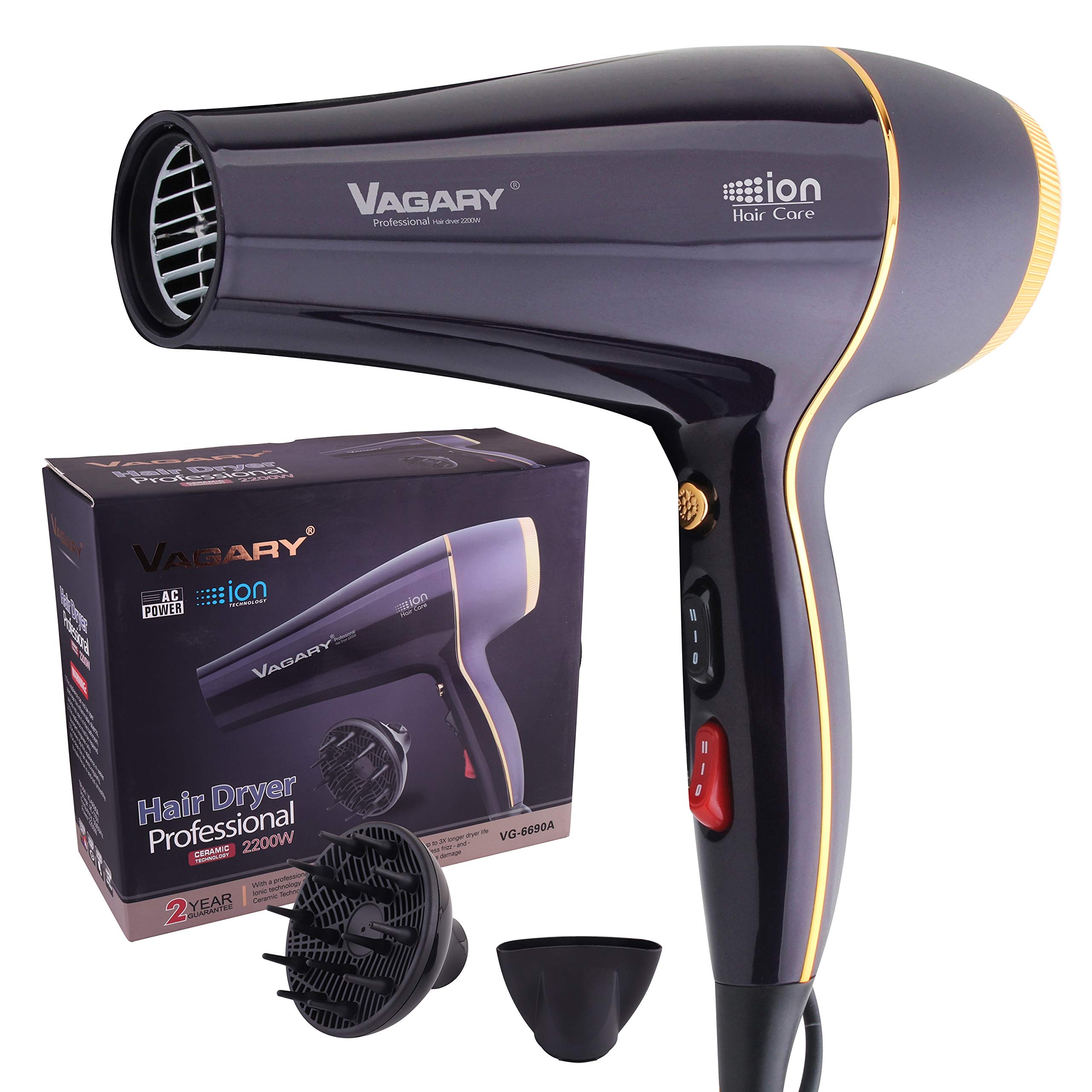Secador de pelo 6690A Salon Pro para mujer, potente motor de CA de 2200 W, secado rápido, secador iónico para cabello grueso, 2 velocidades y 2 ajustes de calor, 1 botón de tiro frío (1 difusor