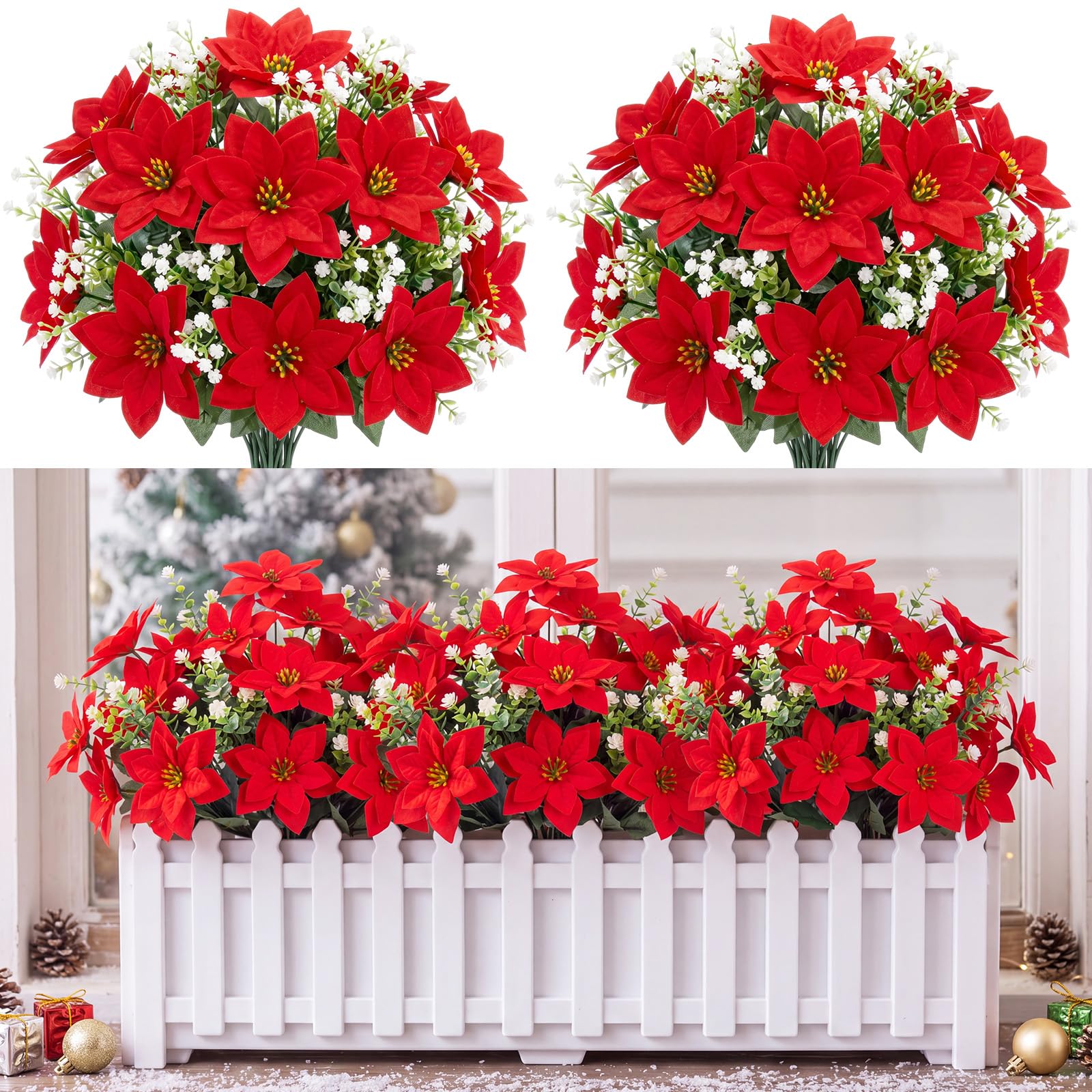 Hotop Künstliche Sträucher mit Weihnachtsstern, 16 rote Weihnachtssterne, 8 weiße Kamelien, gemischter Blumenstrauß, Stoff, Kunststoff, Blumen, Dekoration für Weihnachten, Tischvase, Kaminsims