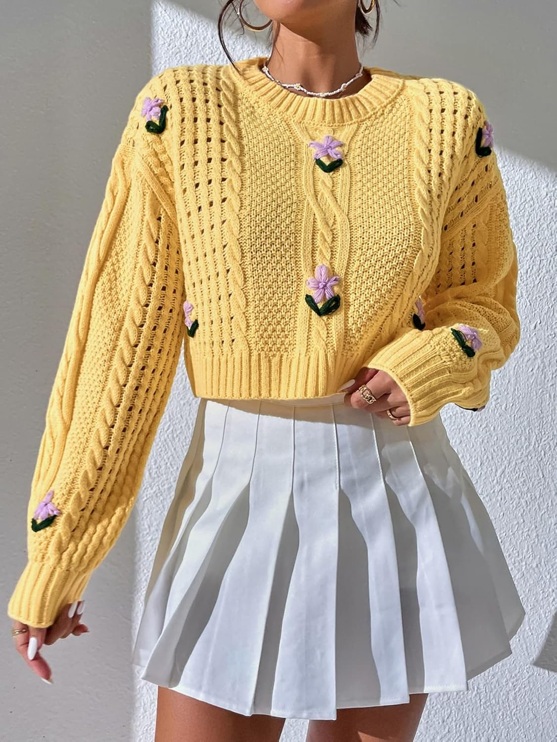 Women's Sweater Floral Embroidery Pointelle Knit Drop Shoulder Sweater Sweater for Women (Color : Yellow, Size : Small)