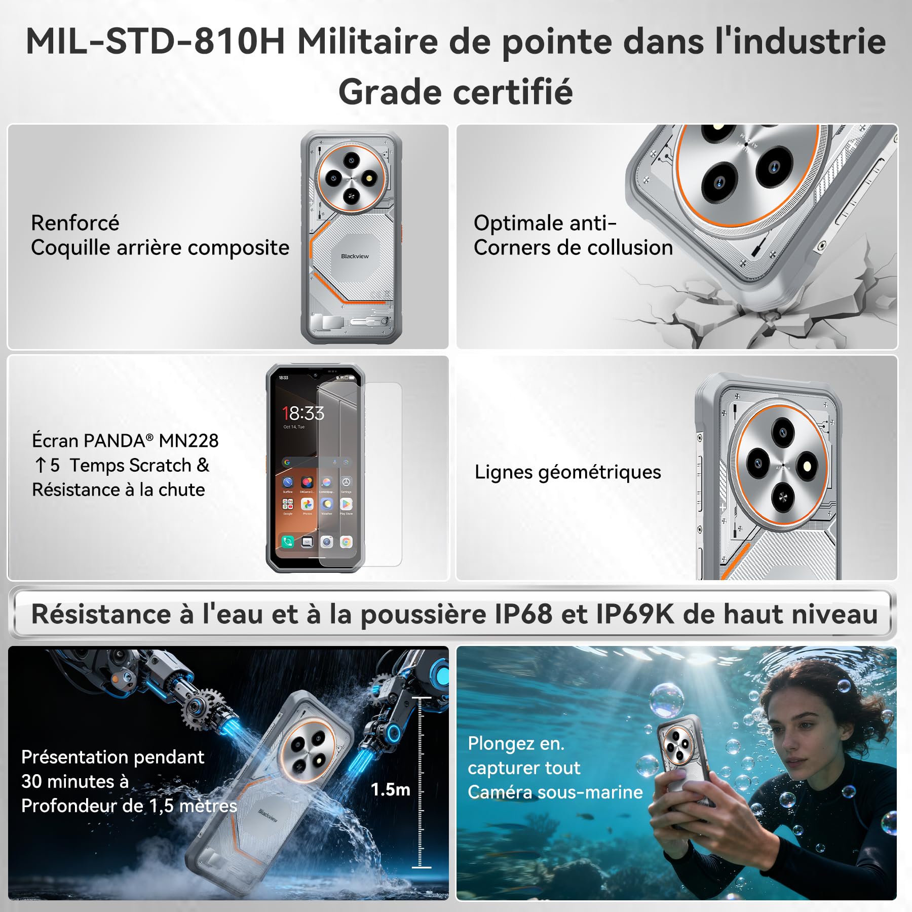 Blackview Téléphone Portable Incassable Android 16, 10.7mm/245g, 24GB+256GB/2TB Téléphone Incassable, Étanche IP69K, 6.56" HD+90Hz, 16MP + 13MP, 4G Dual SIM/NFC/Fingerprint/GPS/OTG/3 Ans Garantie