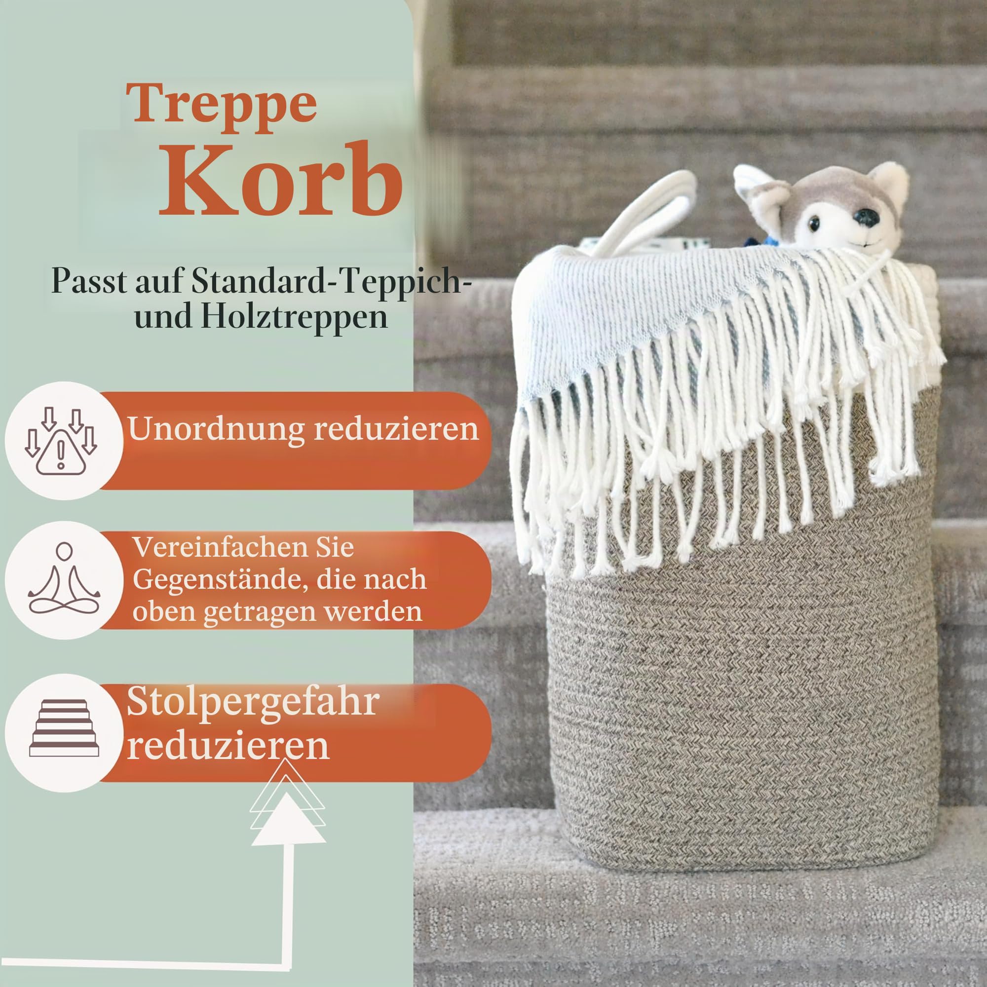 Treppenkorb für Teppich- und Holztreppen, Baumwollseilkorb, Griffe, Aufbewahrung, Treppenstufenkorb für Wäsche, Spielzeug, Kinderzimmer, cremefarben und braun, 40 cm L x 20 cm B x 40 cm H