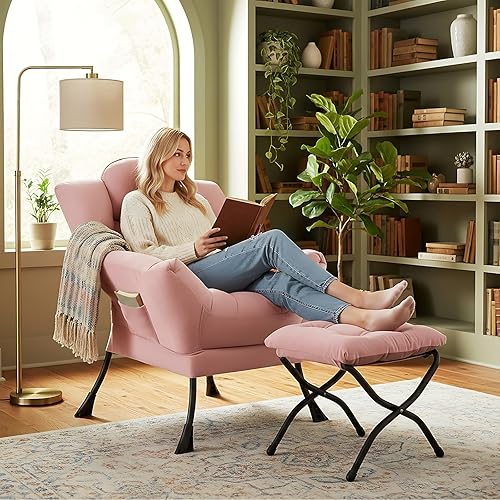 Miniatura 5 de Silla Lazy con otomana, moderna silla de estar con almohada lumbar, sillón de lectura acogedor y reposapiés plegable para dormitorio, sala de estar,