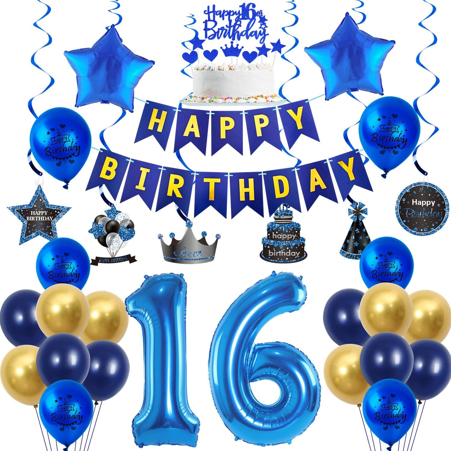 Decorazioni per il 16° compleanno per ragazzi e ragazze, palloncino in alluminio blu navy, numero 16, striscione per 16° compleanno, coriandoli palloncini in lattice per feste di sedici anni