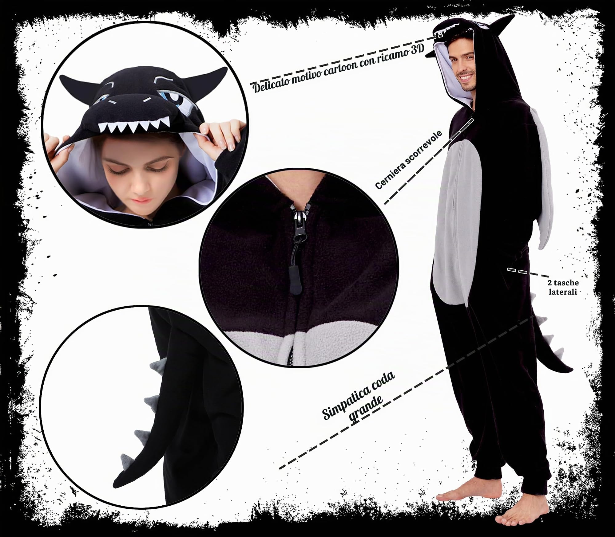 dressfan Unisex Pigiama da Drago Onesie Costumi,Nero Animali Drago Monopezzi Pigiama Halloween Carnevale Costumi e Cosplay,Regali di Natale per Donna Uomo
