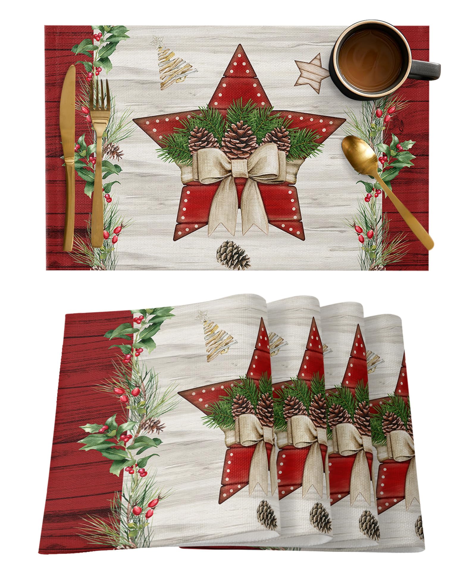 Table Placemats Set of 4, Christmas Pentagram Pinecone Pine Needle Xmas Tree Winter Wood Grain Red Stain-Proof Burlap Placemats for Kitchen Table, Non-Slip Insulation Table Mats Set 13"x19"