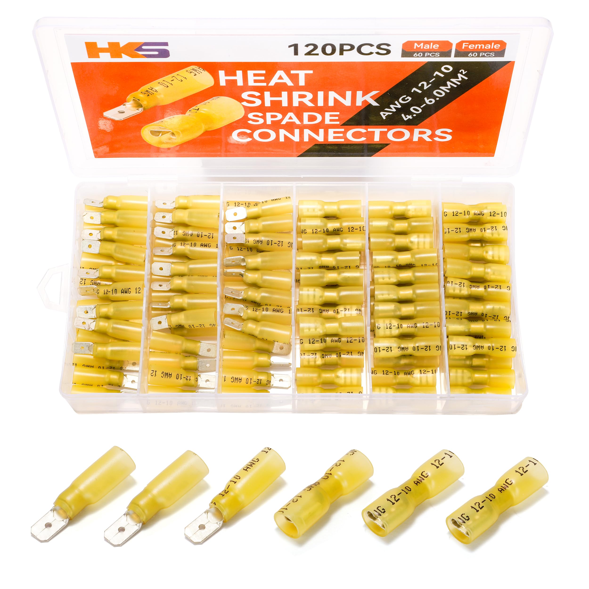HKS 120PCS/60Pairs Spade Connector Kit - Yellow AWG 12-10 Male & Female Terminal-Heat Shrink Electrical Quick Disconnect Wire Connectors Kit - Tinned