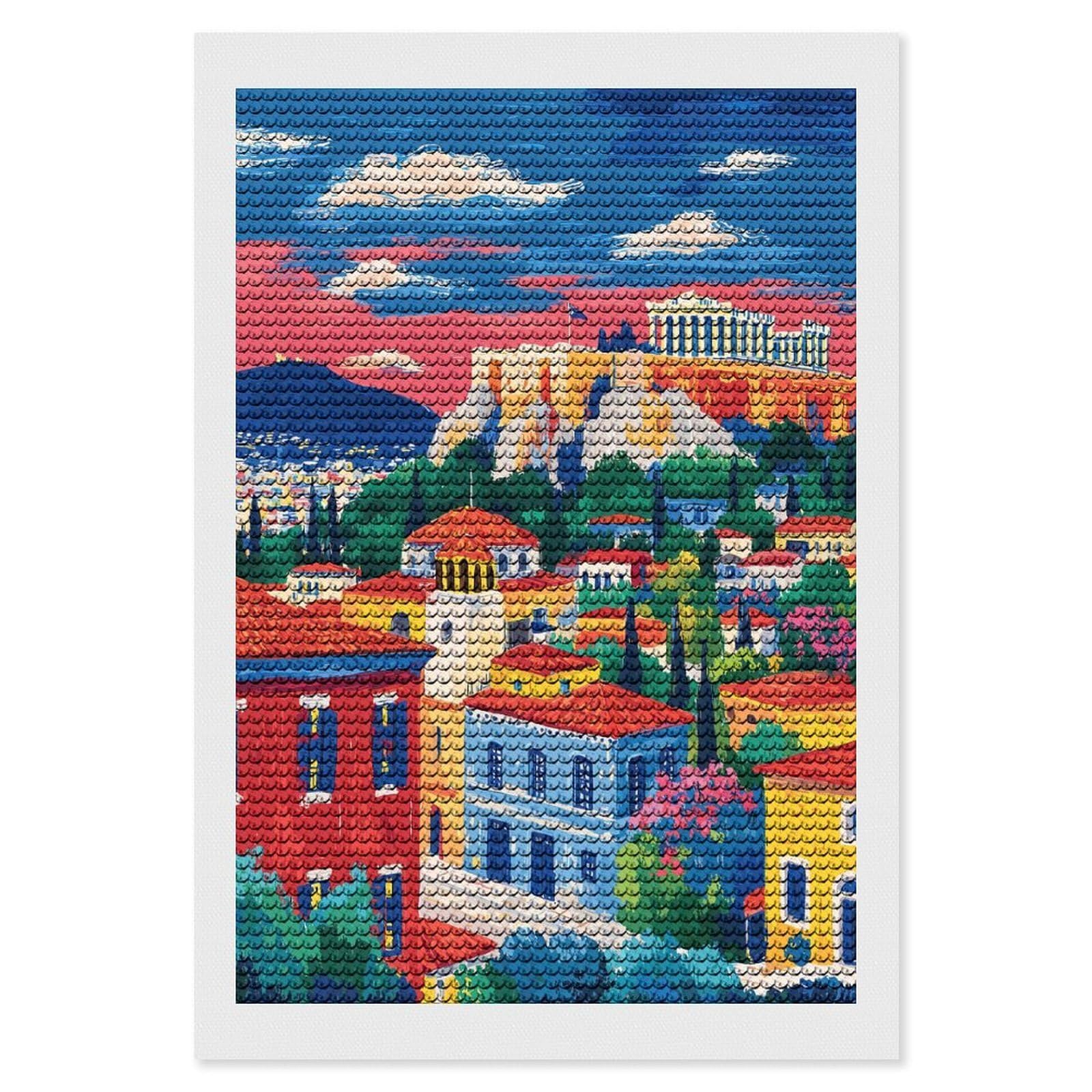 Junmoney Athens Cityscape Painting with Acropolis View Full Drill Diamond Painting Kit 8"x12", for Teens, Calming Craft to Unwind, Home Wall Decor, Christmas Gift