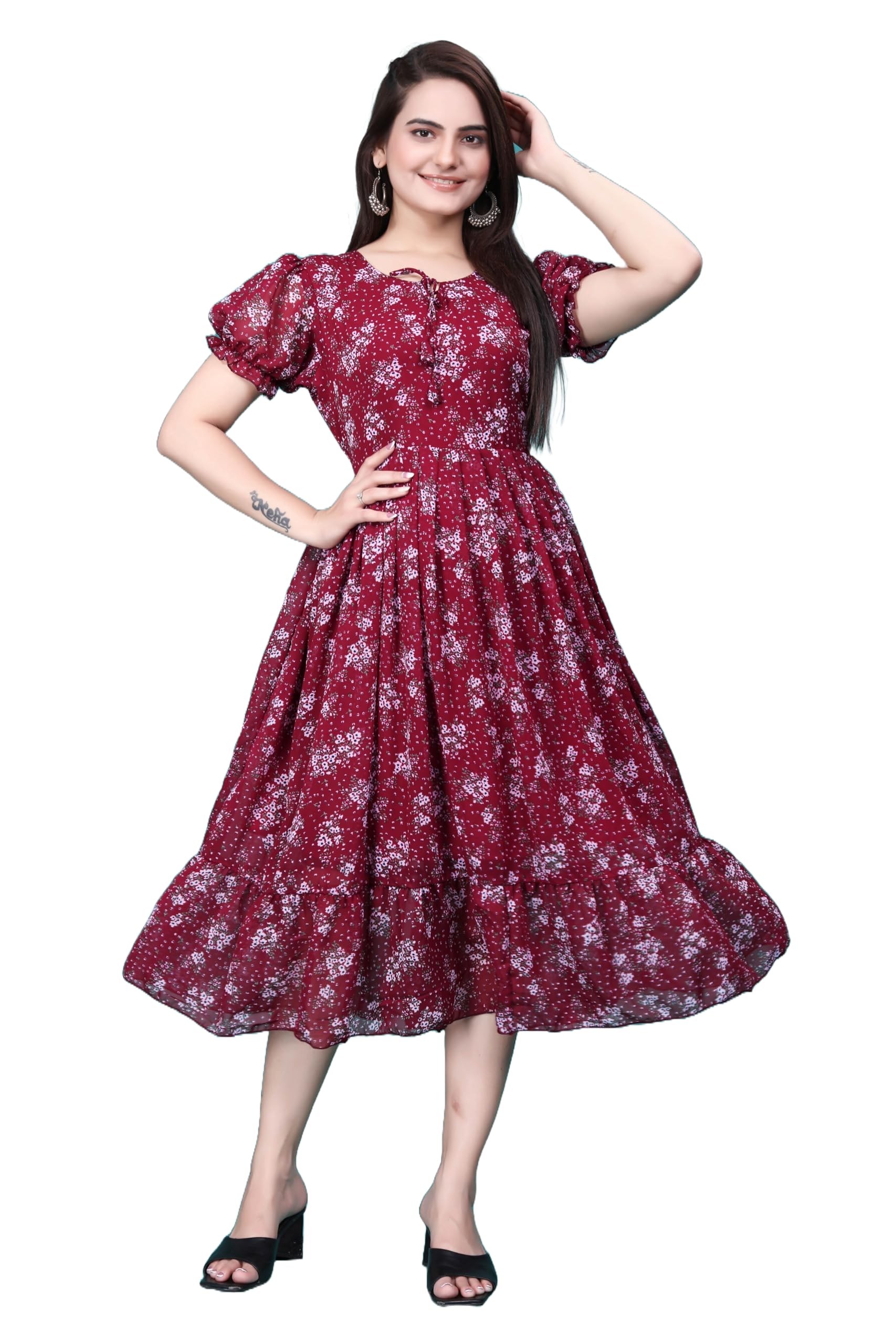 hosi Women's Georgette Floral Printed Puff Sleeve A Line Maxi Dress-picture-54