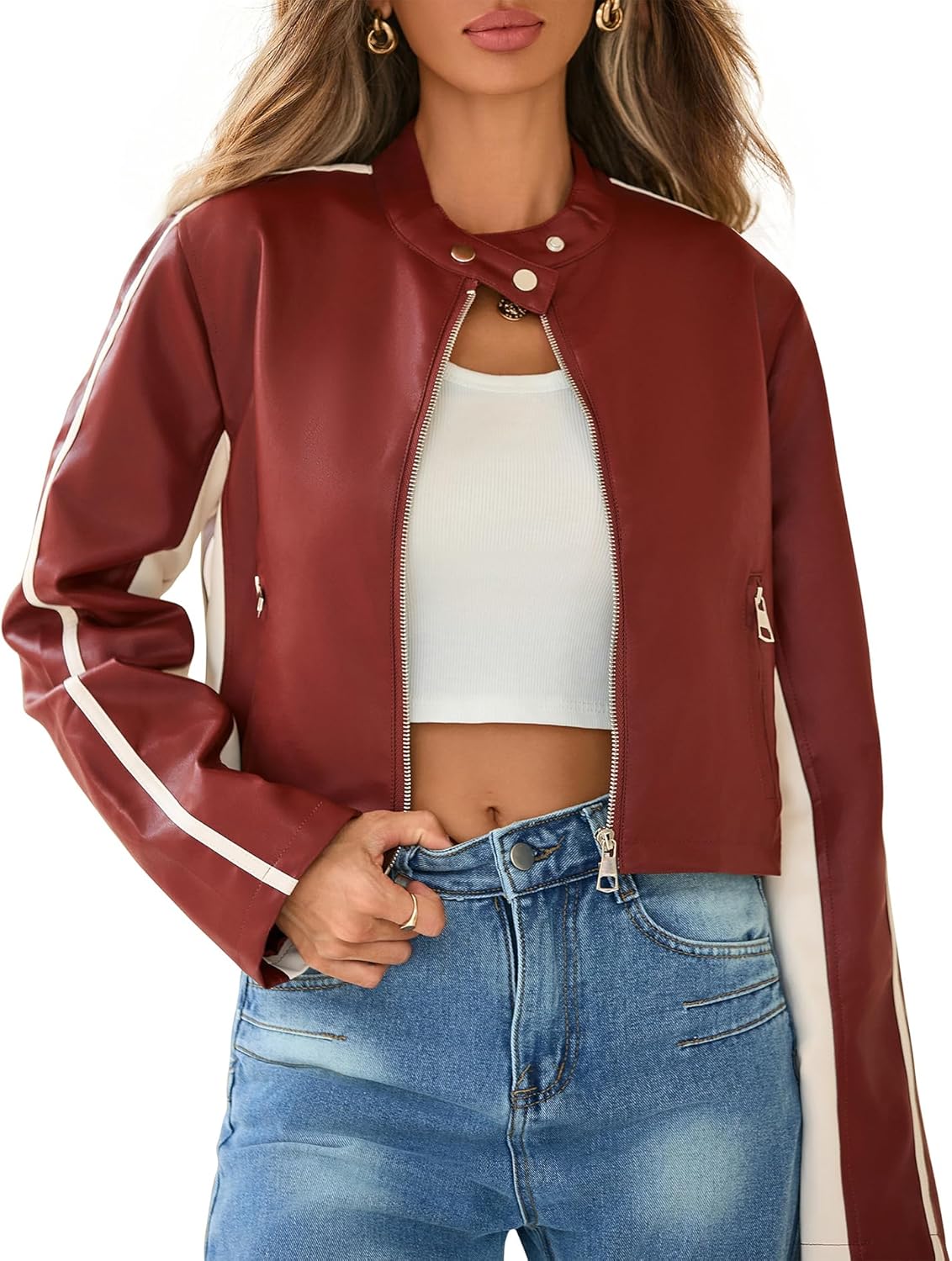 American Trends Cropped Faux Leather Jacket Women Biker Motorcycle Bomber Leather Jacket