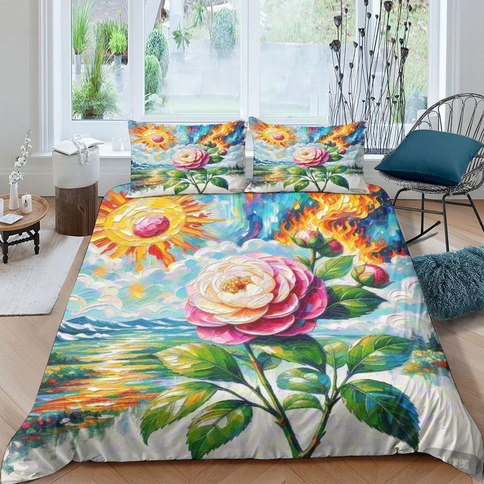 Housse de couette camélia 3D King 220x240cm avec sa taie d'oreiller
