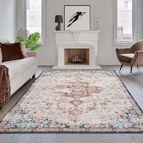 Miniatura 8 de GlowSol Alfombra de área de 8 x 10 pies, lavable, estilo bohemio, para sala de estar, alfombra vintage, alfombra grande, alfombra delgada, alfombra