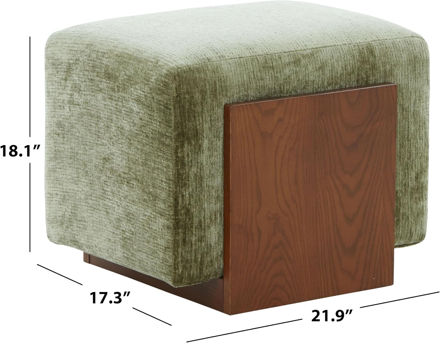 SAFAVIEH Couture - Norabeth Ottoman - Green Chenille & Walnut Solid Wood - Fully Assembled - Ideal for Living Room, Bedroom, Entryway, 22" W x 17.3" D x 18" H (SFV4885D)