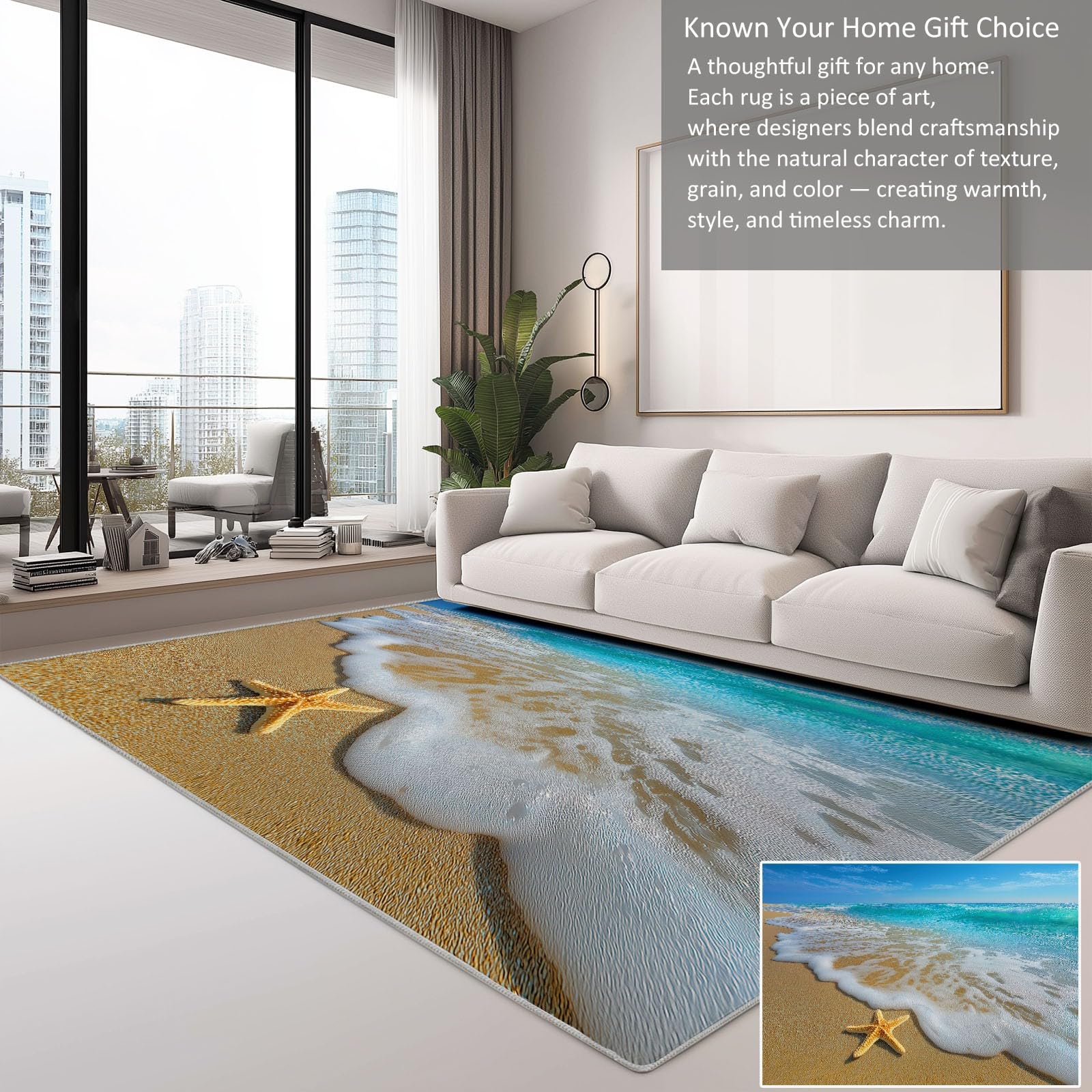 Générique Tapis Salon 160 x 230 cm Grand Tapis de Chambre à Poils Ras - Antidérapant en Caoutchouc, Lavable en Machine, Doux - Moderne Plage Sable Nuages pour Cuisine, Salle à Manger Salle de Séjour
