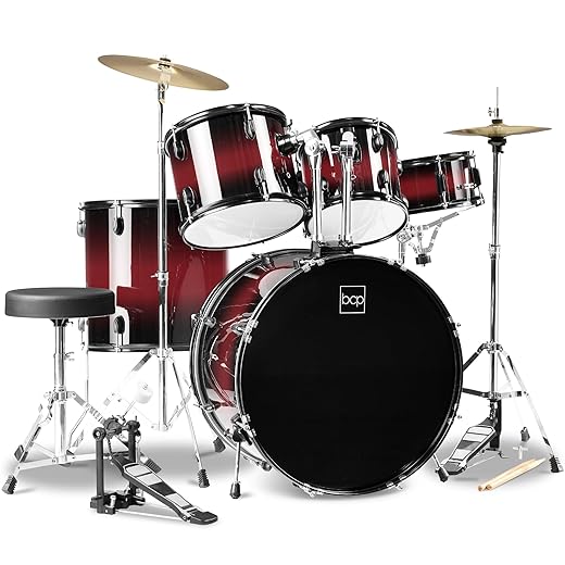 Best Choice Products 5-Piece Full Size Complete Adult Drum Set w/Cymbal Stands, Stool, Drum Pedal, Sticks, Floor Tom - Dark Cherry Sunburst