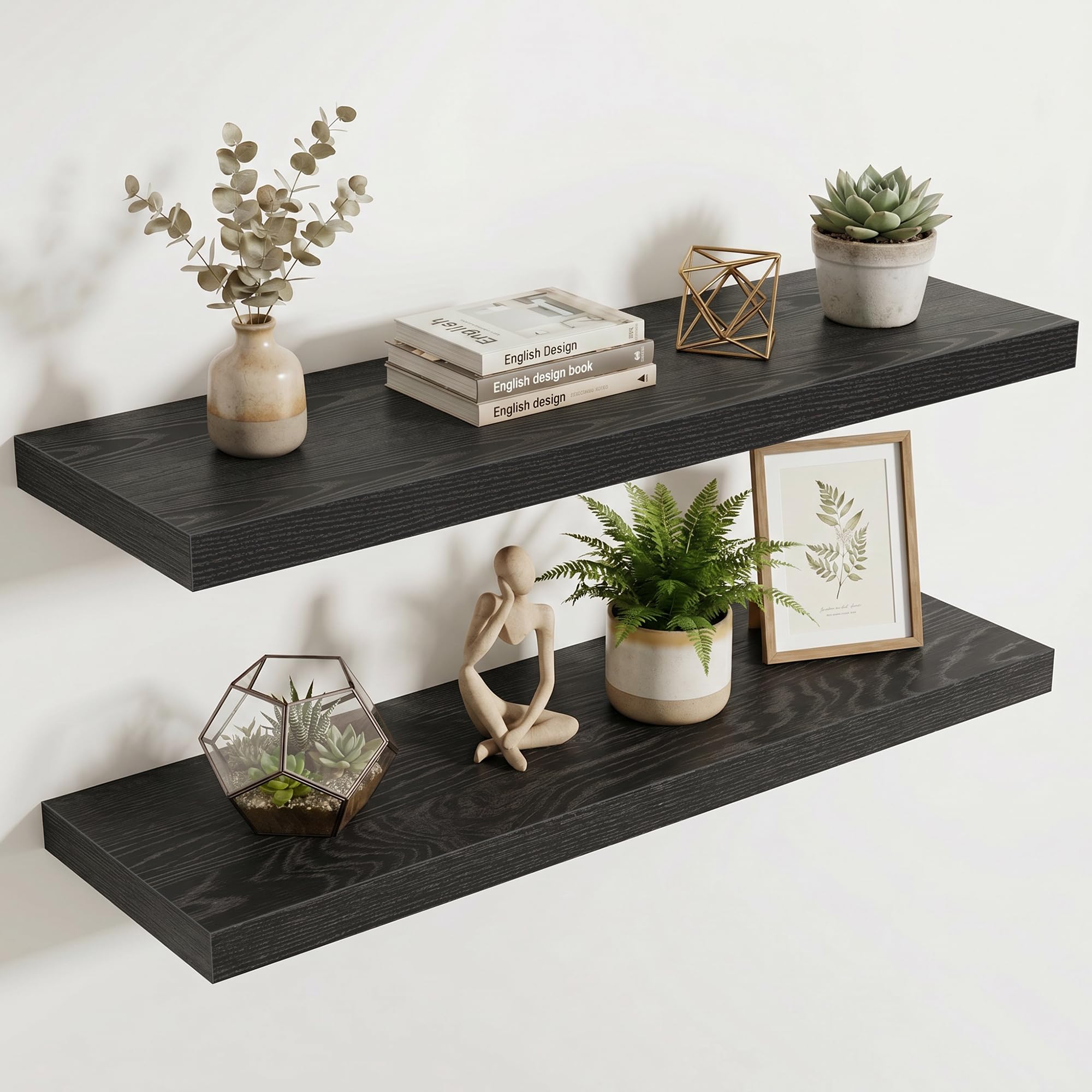 Acovy 25cm Extra Deep Floating Shelves, 90cm Long Wooden Wall Mounted Shelf, Wall Shelves for Living Room Bathroom Bedroom Kitchen, Black, Set of 2 — image 1