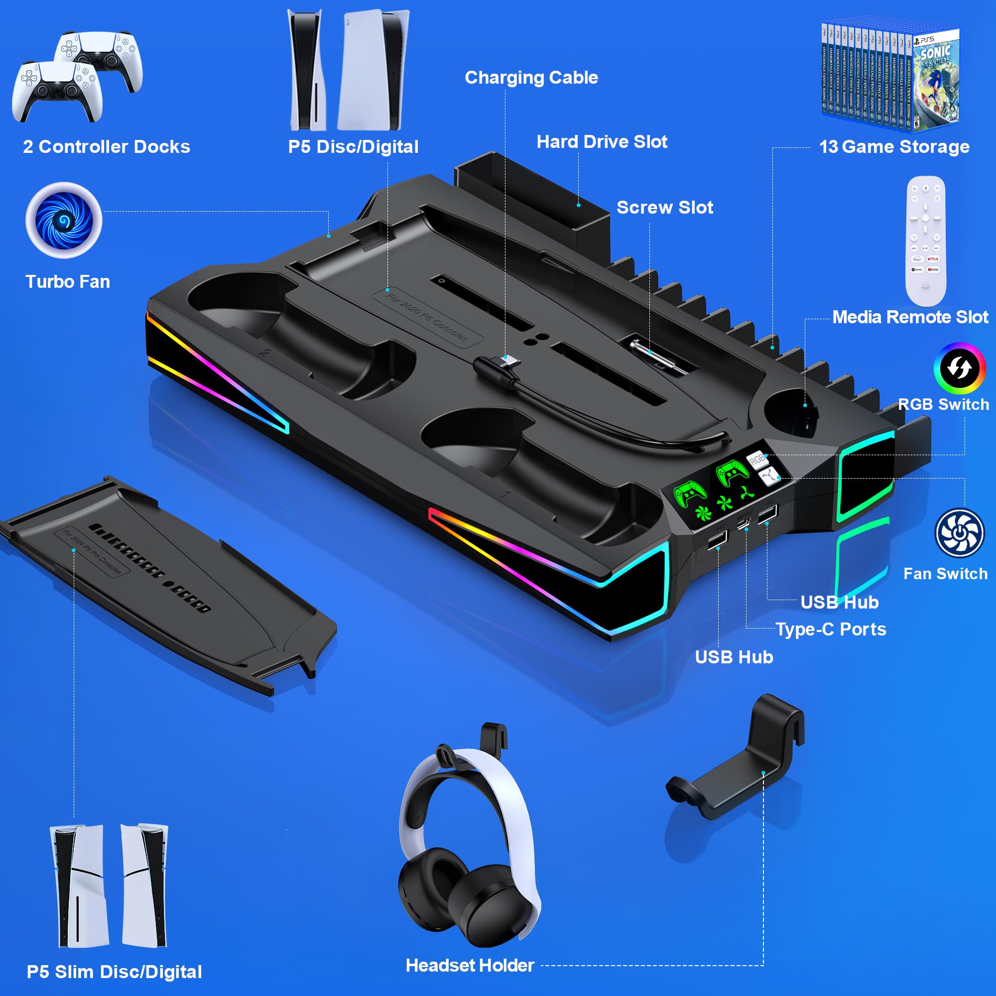 Supporto PS5 con ventola regolabile automaticamente a 3 livelli per controller PS5, stazione di ricarica/gancio per cuffie, PS5 Slim Base accessori con effetti di luce RGB per PS5 Slim Disc & console