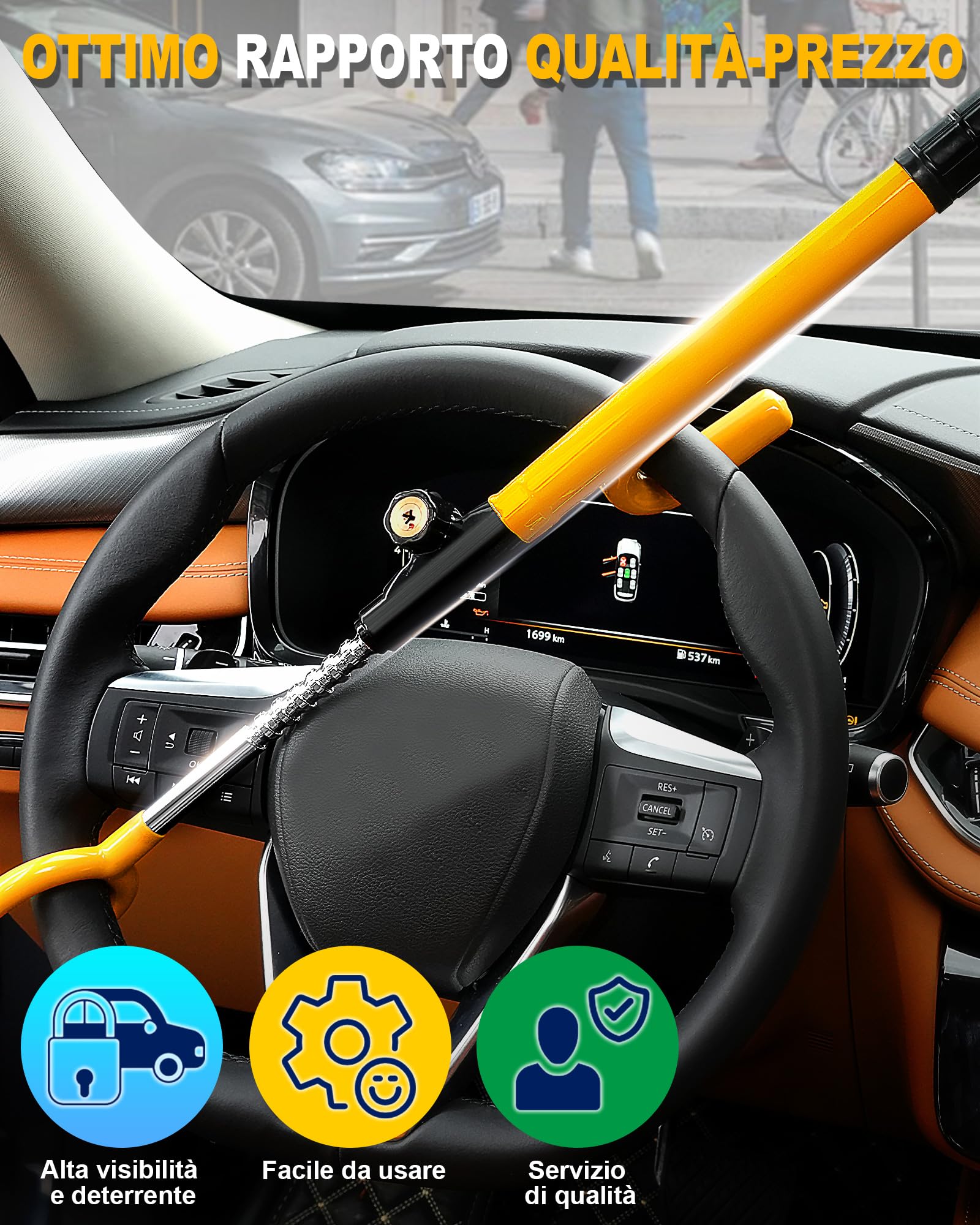 Tevlaphee Blocco Volante, Serratura di Sicurezza Auto, Dispositivo Anti-Furto Robusto, Alta Visibilità, Adattamento Universale per Auto, SUV & Furgoni, Regolabile, 3 Chiavi(Giallo)