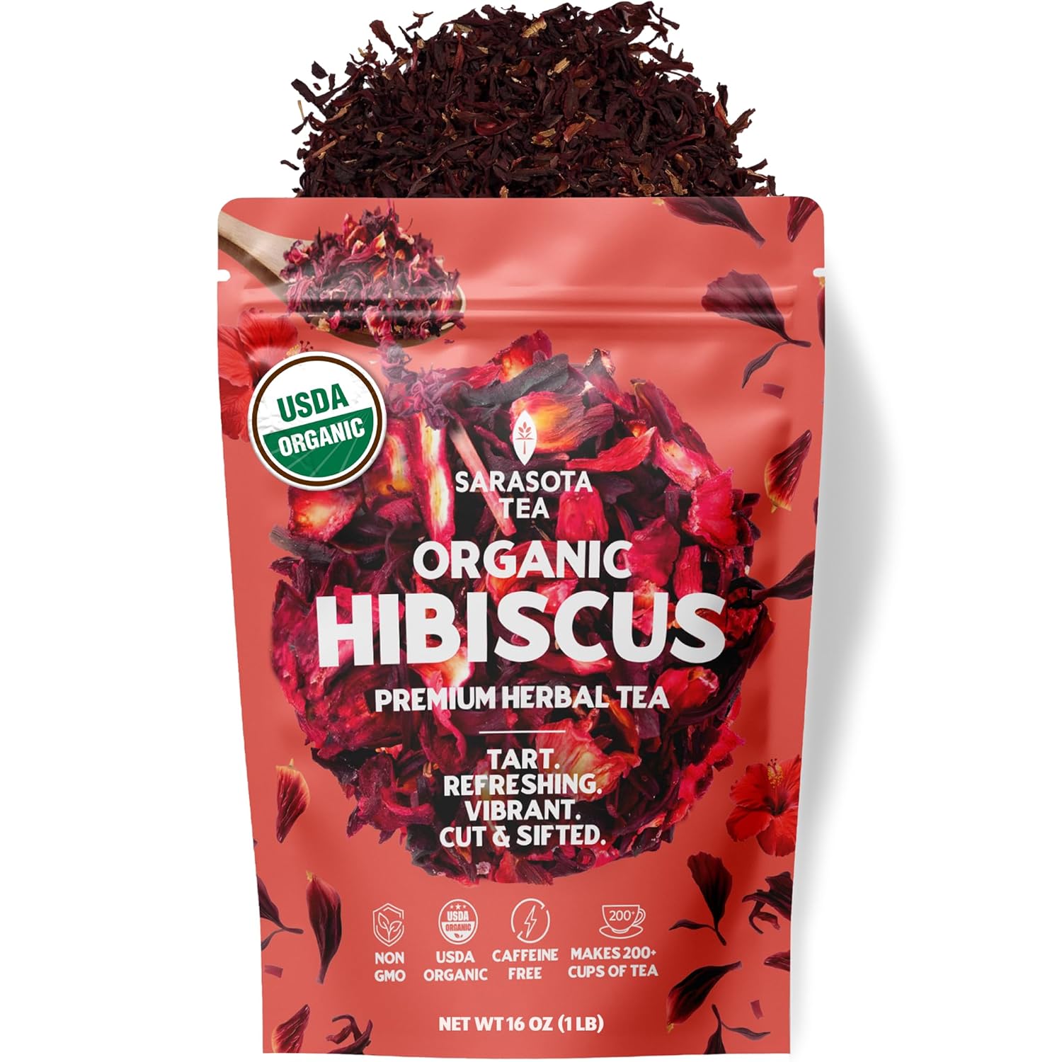 Organic Hibiscus Loose Leaf Tea | Naturally Tart & Refreshing Herbal Tea | Caffeine-Free | 1lb Bulk Bag | Dried Hibiscus Flowers for Hot or Iced | Non-GMO | Detox & Hydration Support