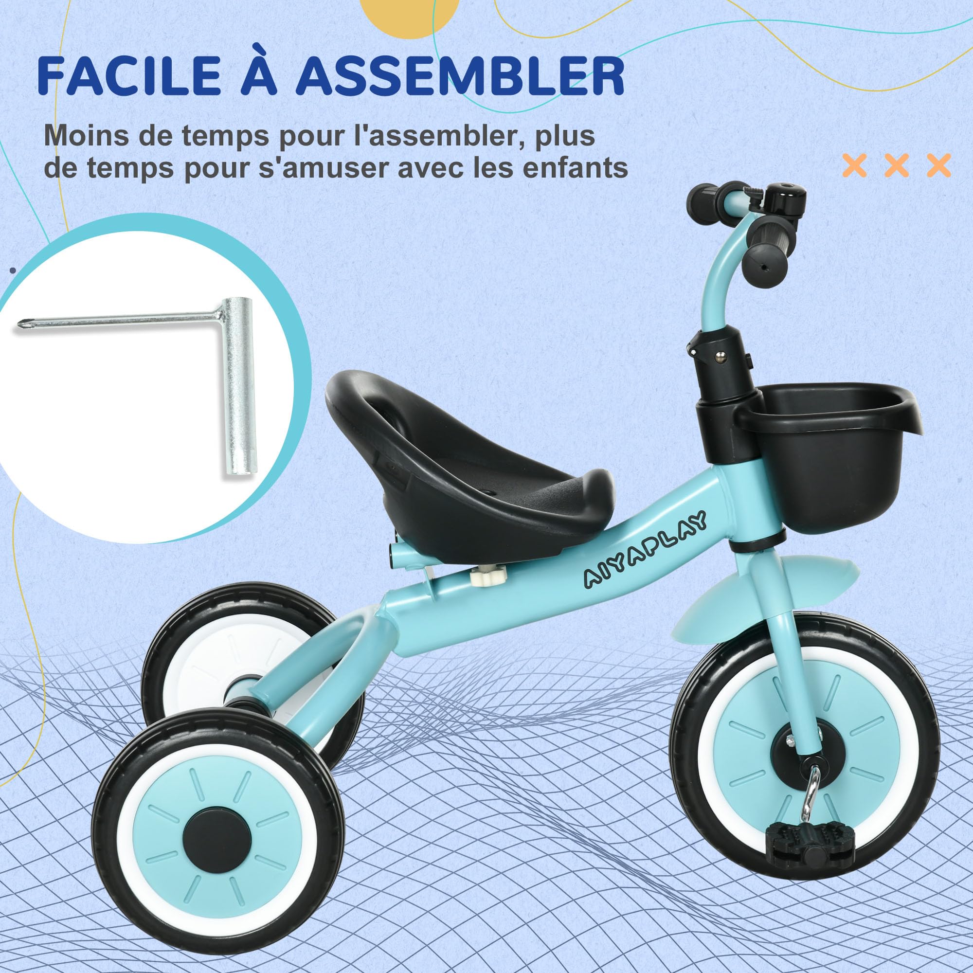 Tricycle enfants - AIYAPLAY - avec sonnette et panier selle réglable dossier 2 à 5 ans - métal - bleu - Jeux - Jouets Tricycle enfants - AIYAPLAY - avec sonnette et panier selle réglable dossier 2 à 5 ans - métal - bleu - Jeux - Jouets