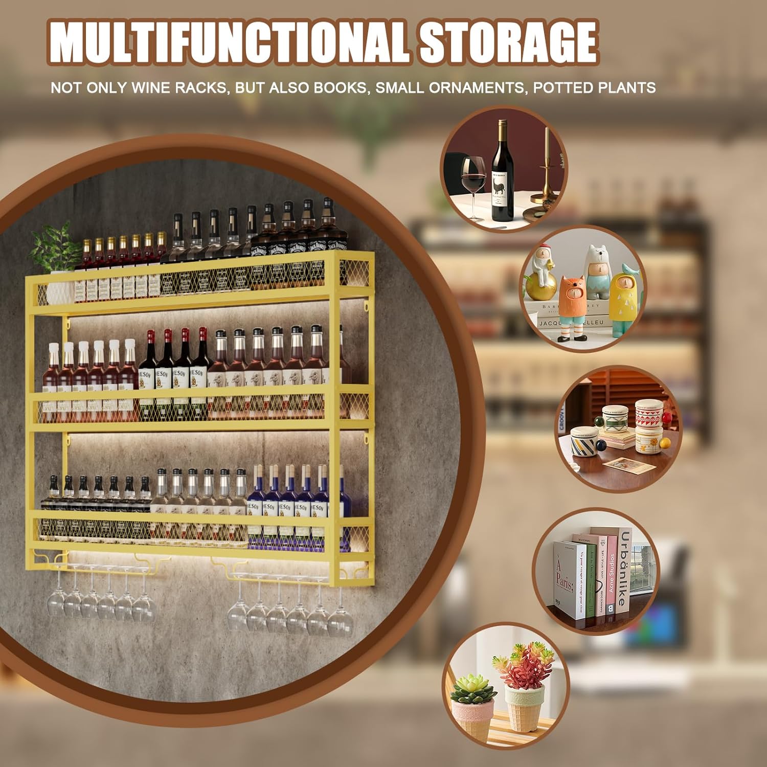 Wine Rack with LED Light Metal Wine Rack Wall Mounted, 3-Tiers Bar Liquor Shelf with Wine Glass Holder, Industrial Liquor Bottle Display Storage Shelf for Home Bar, Dining Room (Gold, 100cm)