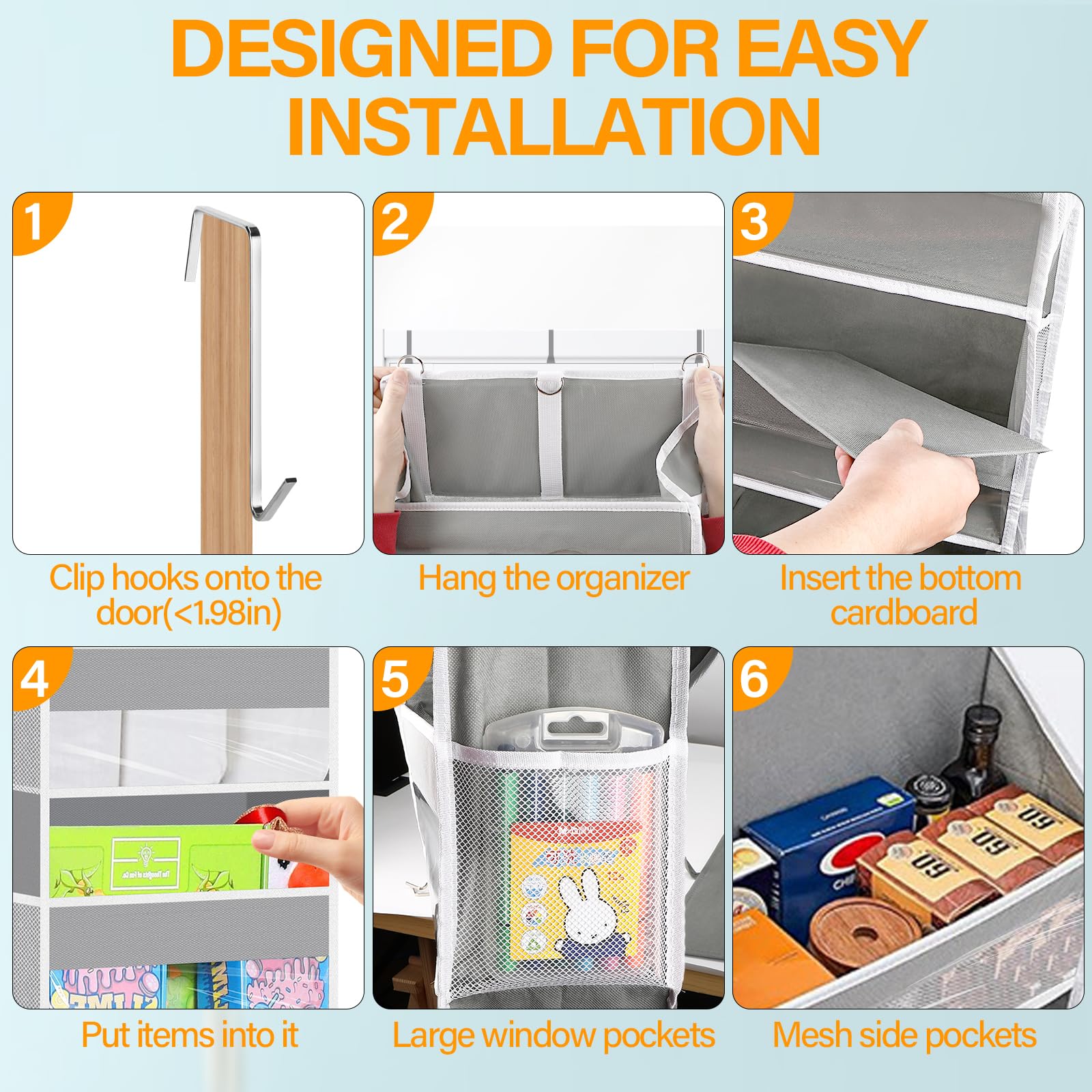JYICOO Organizer Da Porta 5 Ripiani Con 10 Tasche Laterali, Triplo Gancio, Cartone Rinforzato, Per Camera, Bagno, Cucina, Capacità 21.8kg