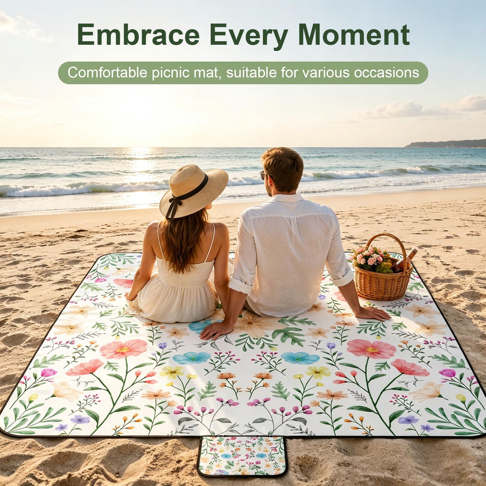 Couverture de pique-nique - 200 x 200 cm - Extra large - Imperméable - Lavable en machine - Couverture de pique-nique - Couverture de plage pour plage, pique-nique, jardin (fleurs)