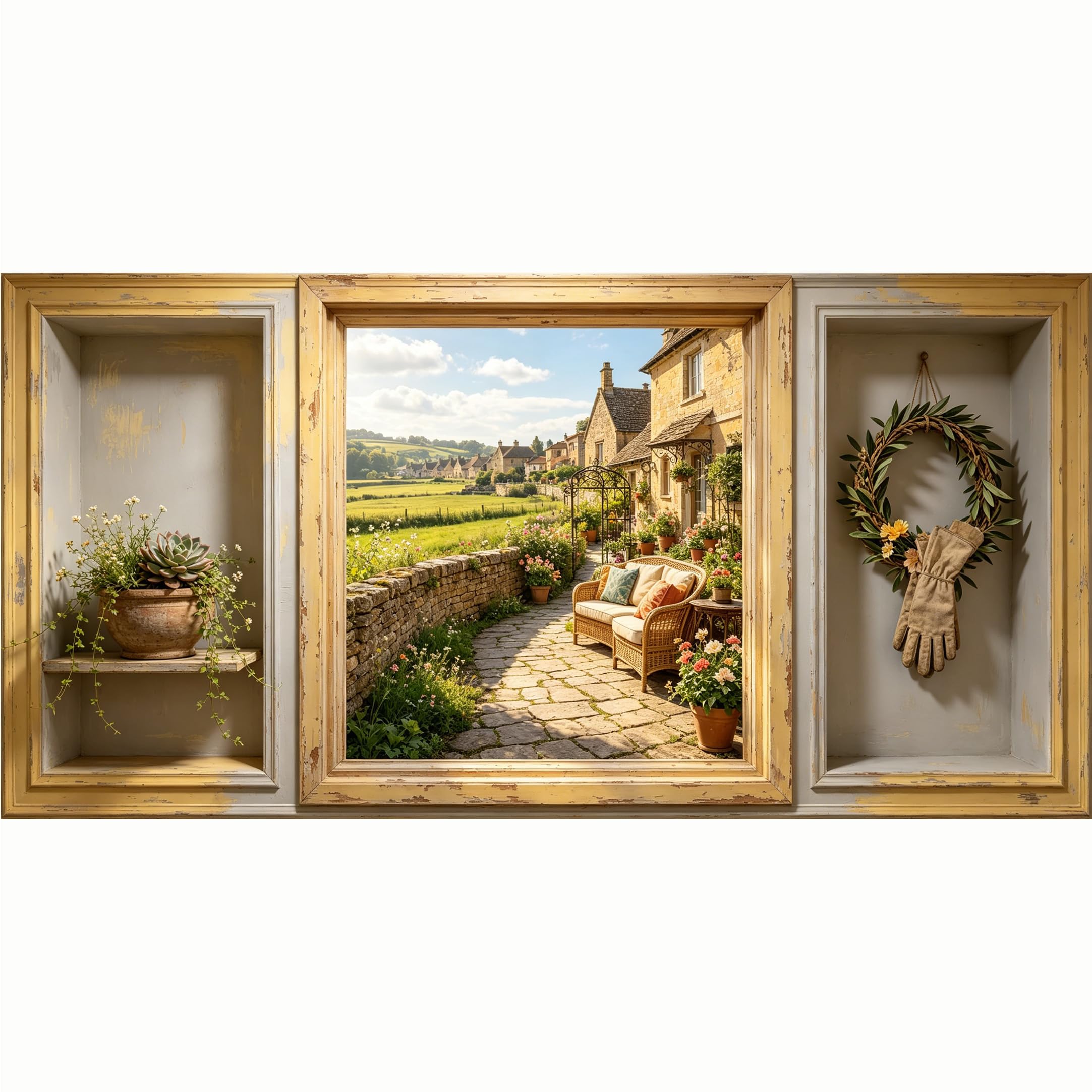 QZLITHOTIC 50x100cm 3D Framed Wall Art， Tuscan Village Landscape Farmhouse Style Self‑Adhesive Mural， Water‑Activated Peel & Stick Fabric Decor Wall Decal for Bedroom Living Room