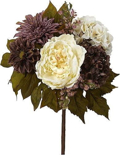 Nearly Natural Ramo de flores artificiales de peonía, hortensia y dalia de 16.0in (juego de 2), moradocrema