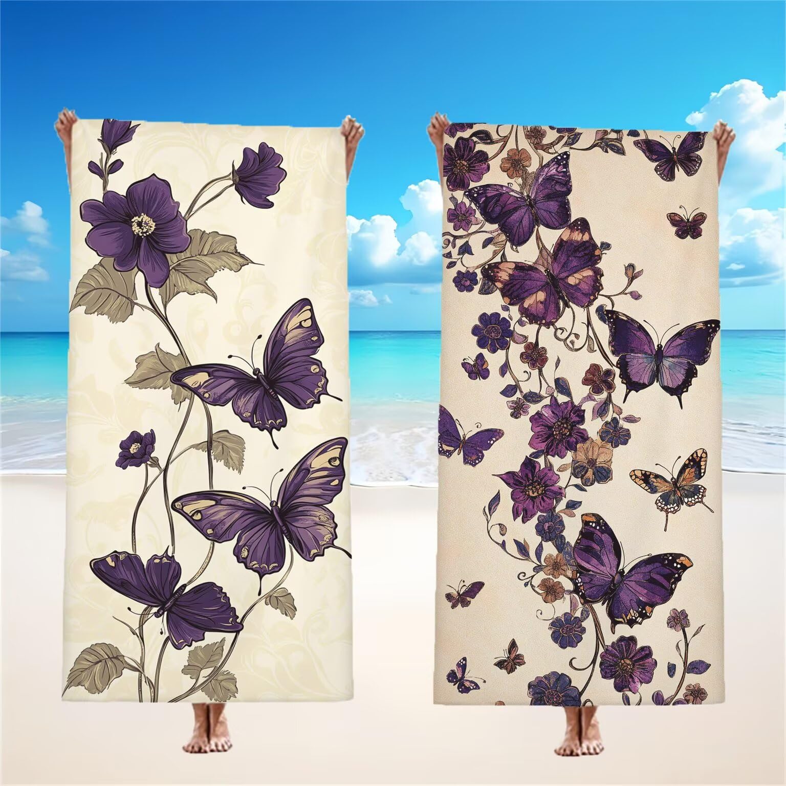 Ręcznik plażowy XXL 100 x 200 cm, fioletowy ręcznik z mikrofibry chłonny motyl szybkoschnący, odporny na piasek, kompaktowy, lekki ręcznik plażowy z zatrzaskiem, wzór do sauny basenowej, model 454