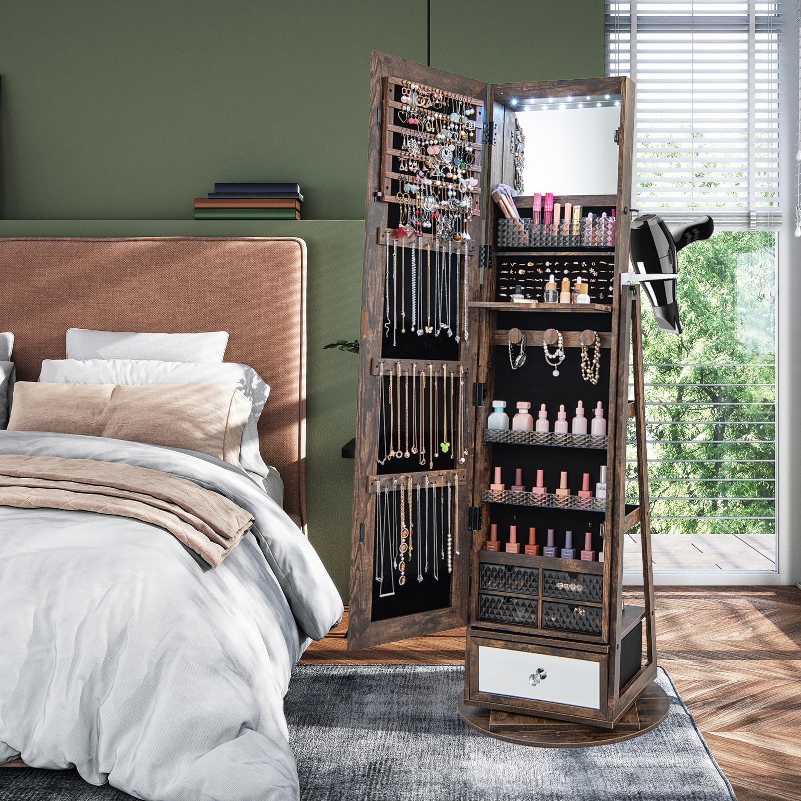 RELAX4LIFE Schmuckschrank 360° drehbar, 4-in-1 Spiegelschrank mit LED-Lichts & Schubladen & Regalen Schmuckaufbewahrung Ganzkörperspiegel, Schmuckständer abschließbar (Rustikales Braun)