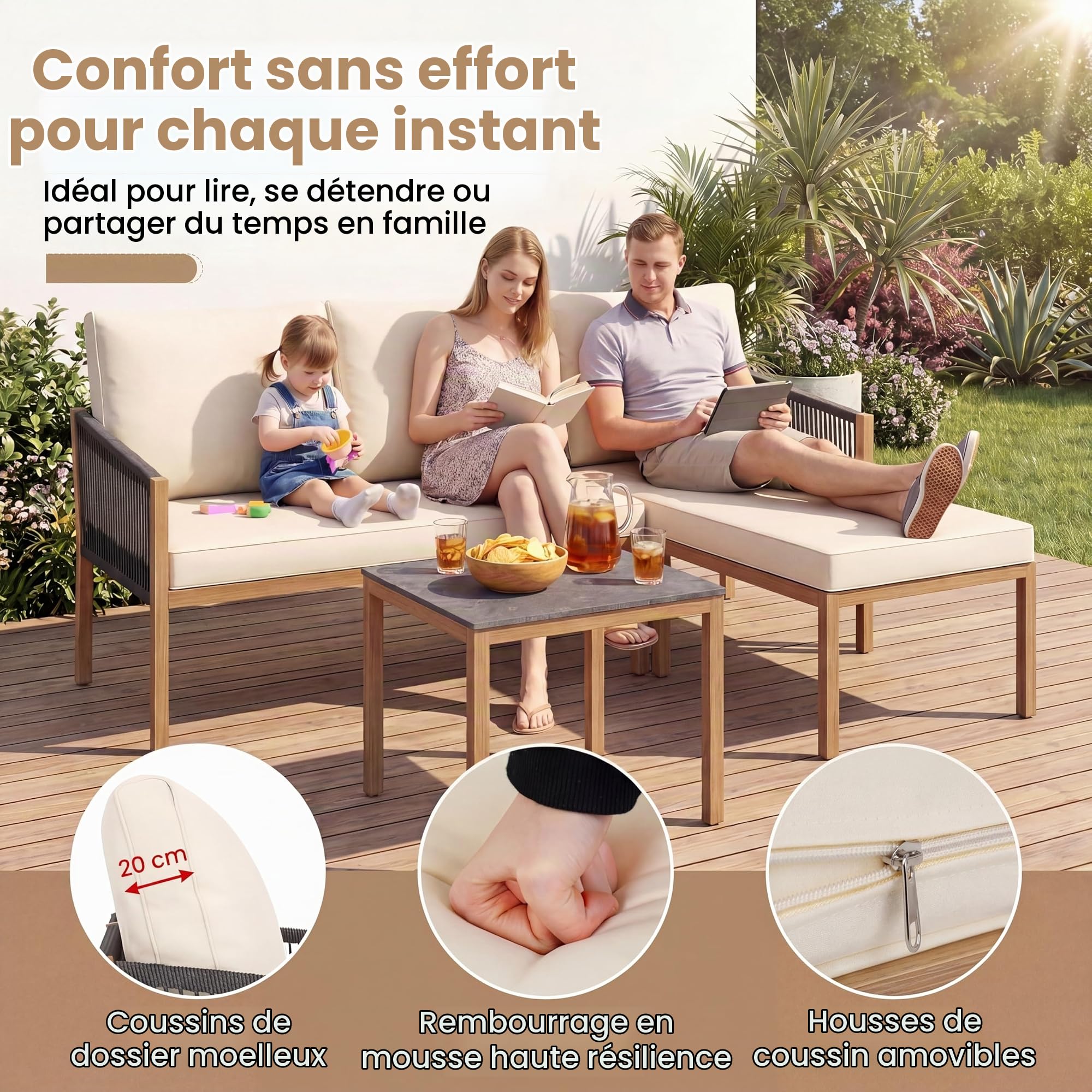 GIANTEX Salon de Jardin Exterieur en Corde Tressée avec Canapé 2 Places, Méridienne, Canapé d'angle en L avec Table Basse Effet Marbre et Coussins Épais, Structure Métallique pour Terrasse Patio