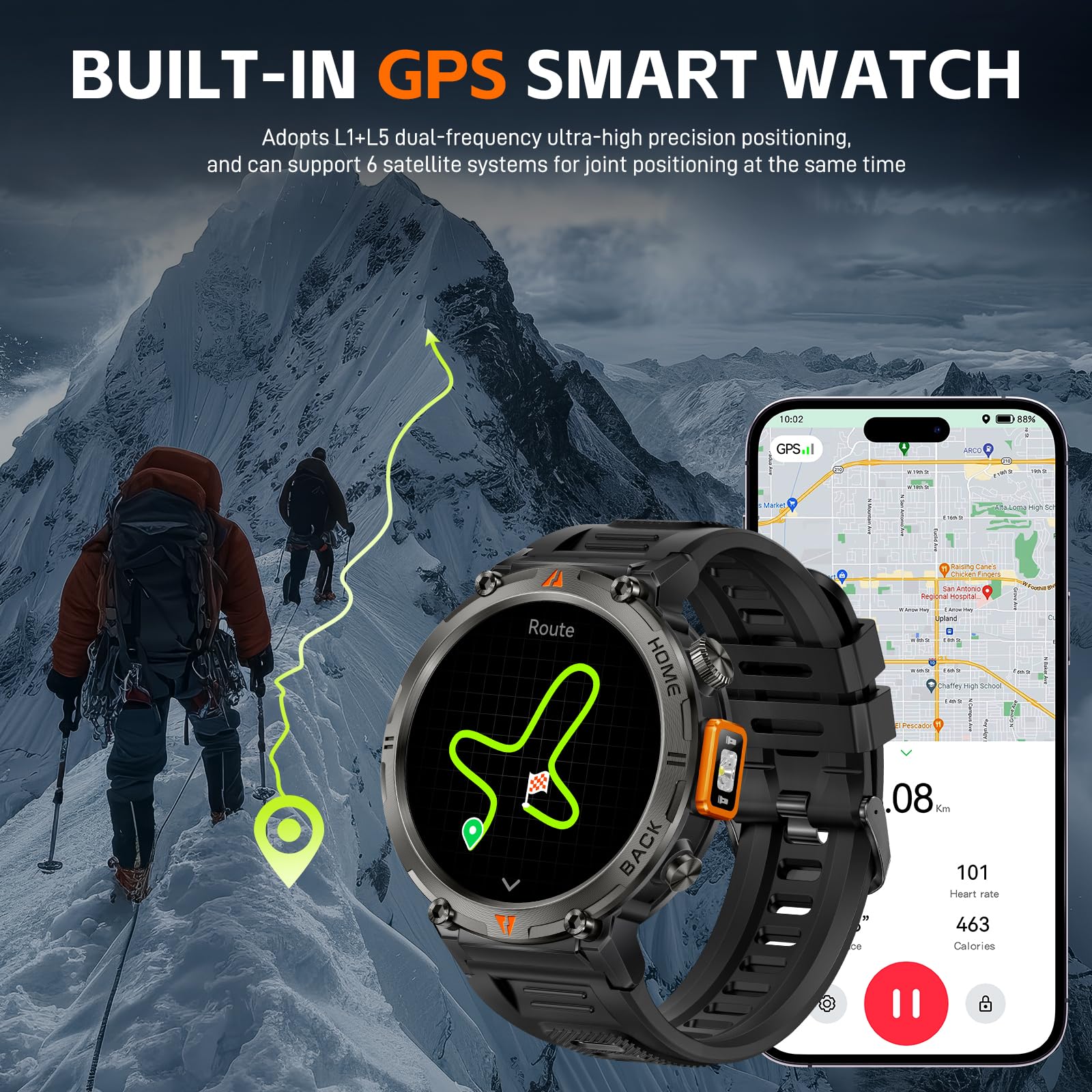 Foxhawk Smart Watch militare con localizzatore GPS, 1,44 pollici HD robusto Smart Watch con torcia a LED bussola, 3ATM impermeabile Smartwatch tattico per iOS Android, orologio fitness da uomo