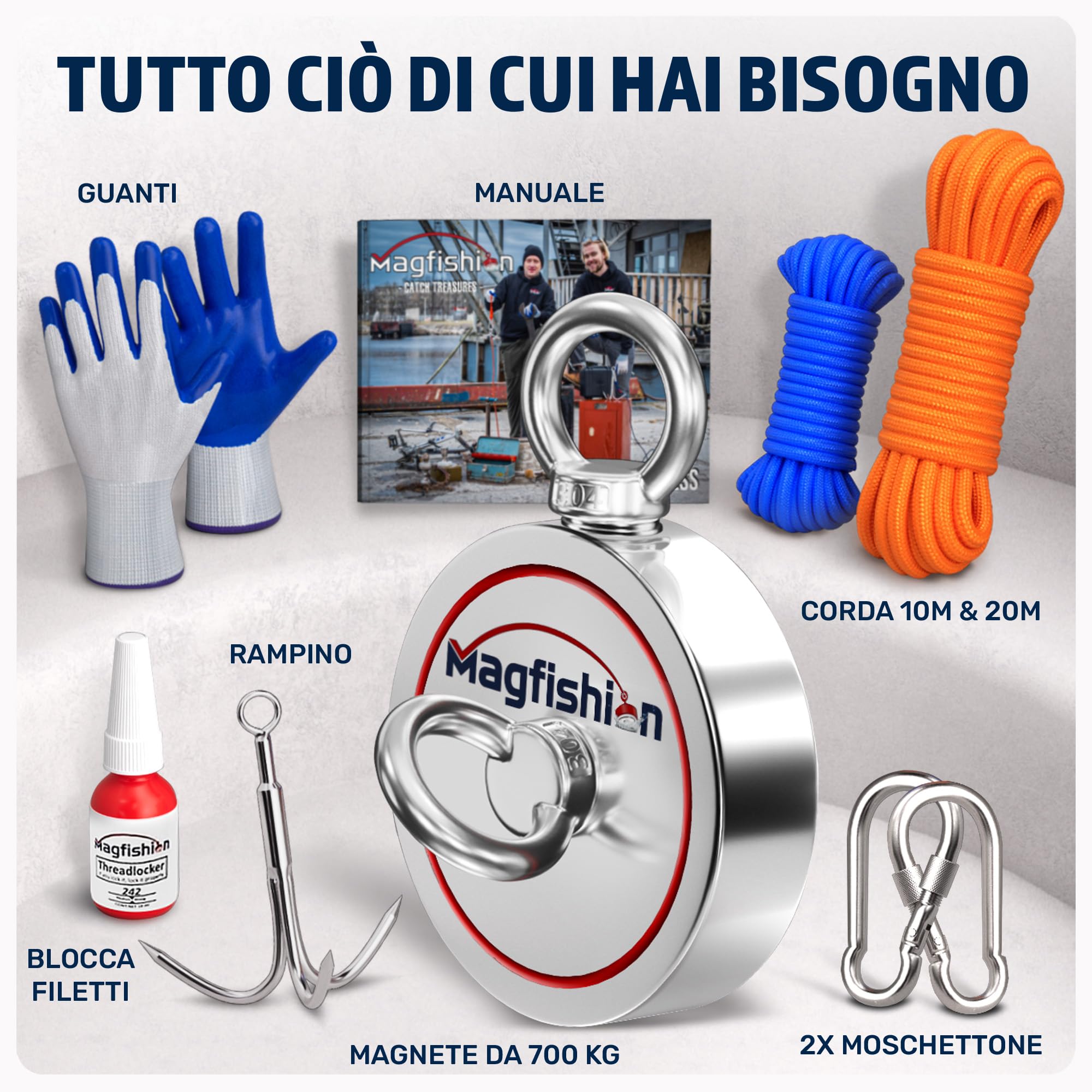 MAGFISHION Calamita Potente - Set di Magnete da Pesca - Forza di Trazione 700KG (2x 350KG) - Ø94mm - Magneti al Neodimio - Calamite Potenti con 2 Corde, Grappino & Guanti - Magnet Fishing