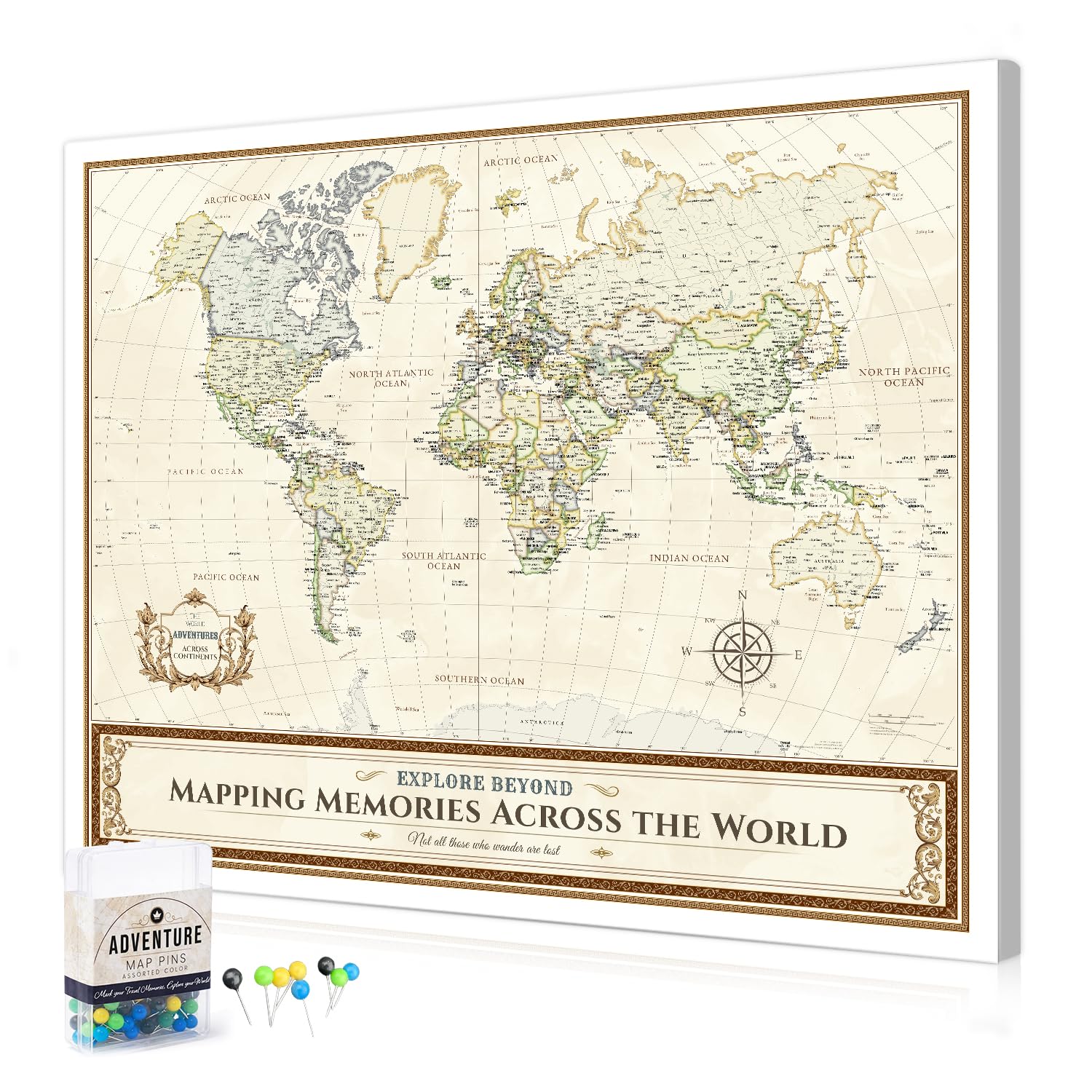 DECORARTS World Map Pin Board,Colorful World Travel Map with Pins,30x24'' | Push Pin Travel Map World for Bedroom Living Room Home Office Decor, Romantic Gift for Travelers, Ready to Hang