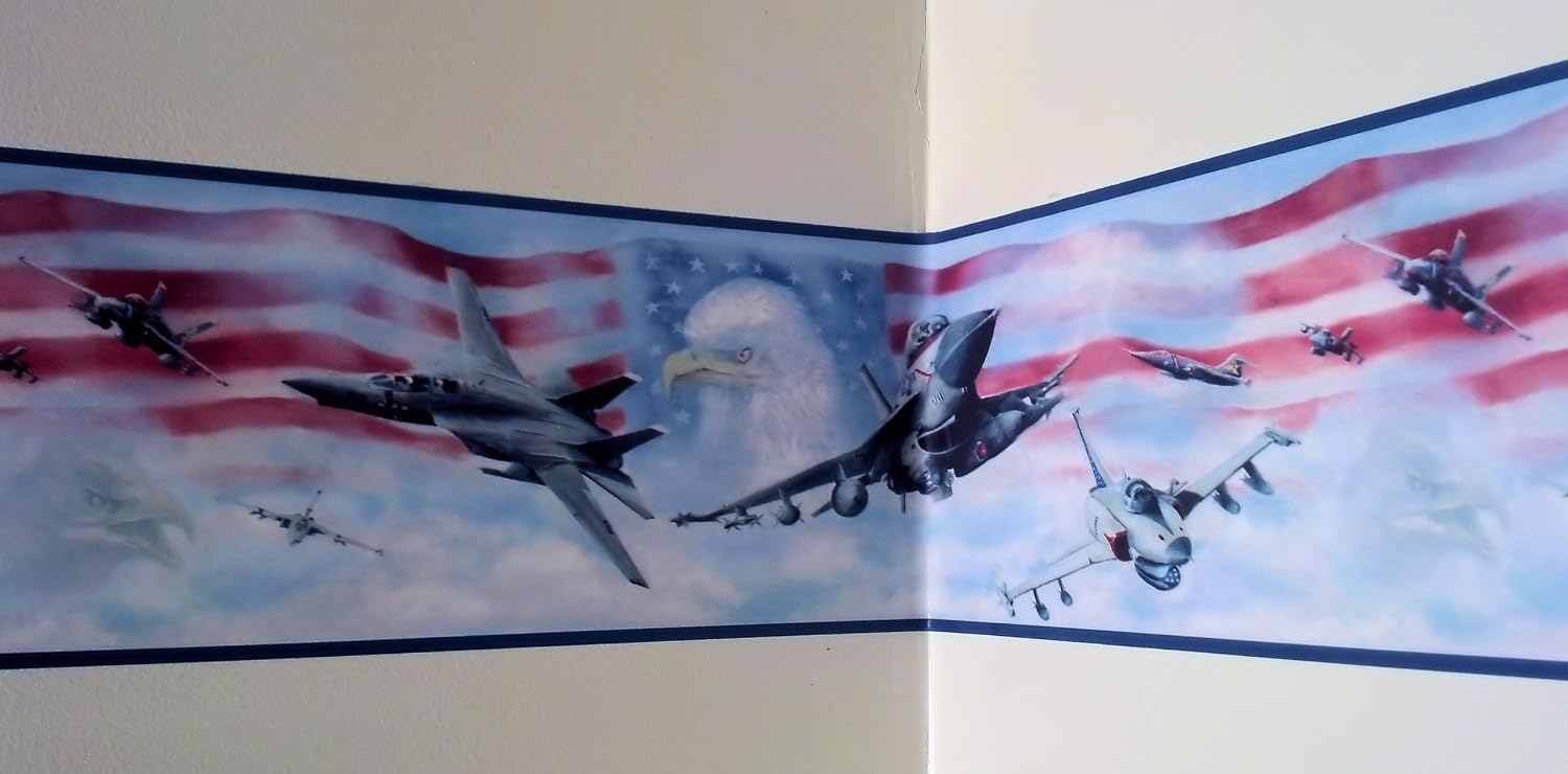 Wallpaper Border Air Force Jet Fighters American Flag & Eagle with Blue Trim