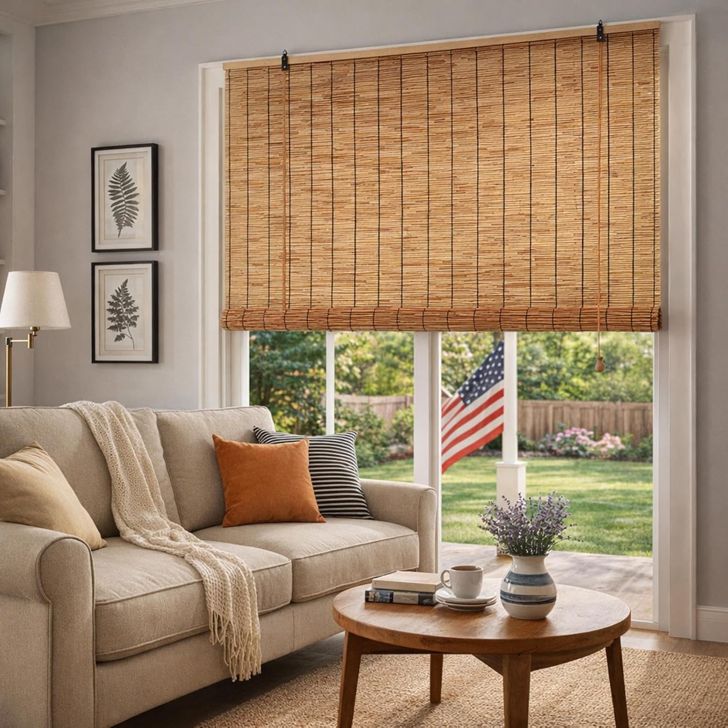 Bamboo Roller Shades for Outdoor Patio, Roll Up Blinds Sun Shade for Porch Privacy Screen, Waterproof Reed Window Roman Shades 36 48 72 84 Inch Blackout Bamboo Shade for Indoor Outside(74" W x 64" H)