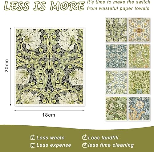 Miniatura 2 de AnyDesign - Paquete de 8 paños de cocina suecos con flores azules y verdes, reutilizables, lavables, de algodón, para la limpieza de fiestas en el