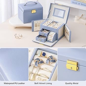 Amazon.com: CASEGRACE Jewelry Box Organizer for Women Girls, Three Layer Jewelry Storage Box with Mirror PU Leather Jewelry Display Case for for Bracelets, Earrings, Rings, Necklaces,Blue : Clothing, Shoes & Jewelry